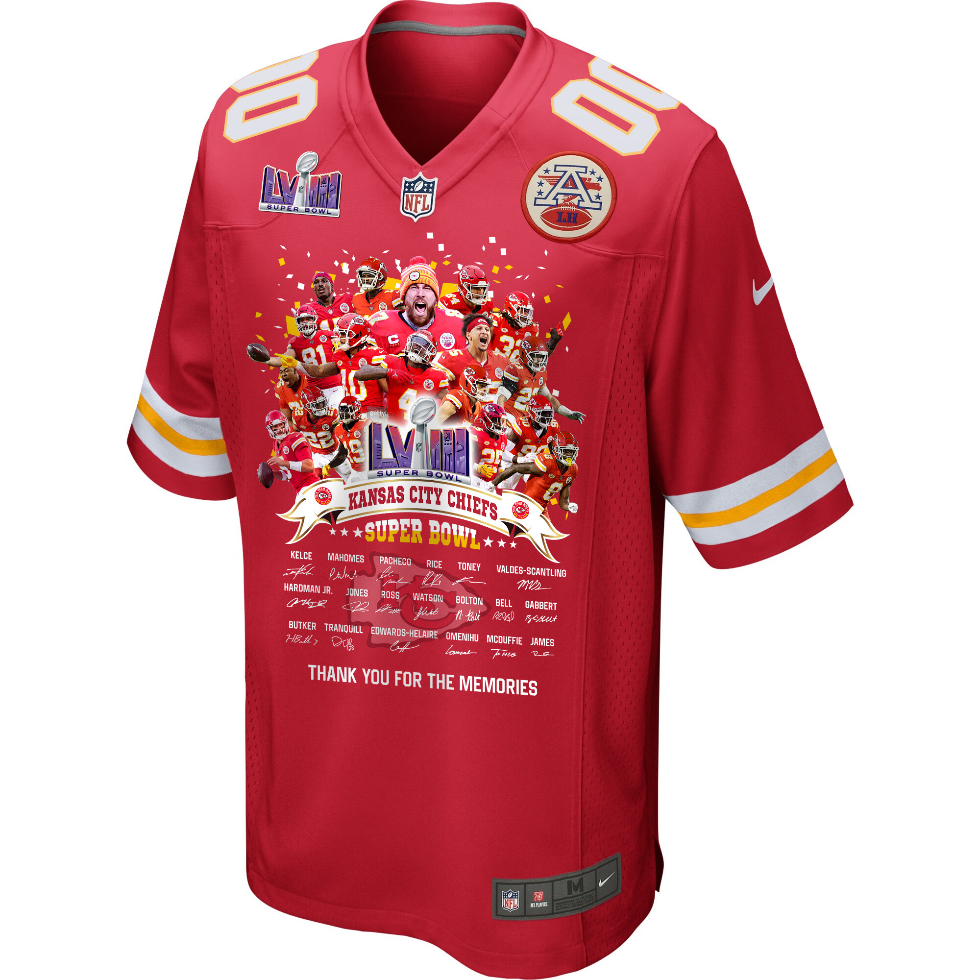 Alternative view of Kansas City Chiefs Super Bowl LVIII Thanks For Memories Game Custom Men Jersey - Red JS6813 nicesnker