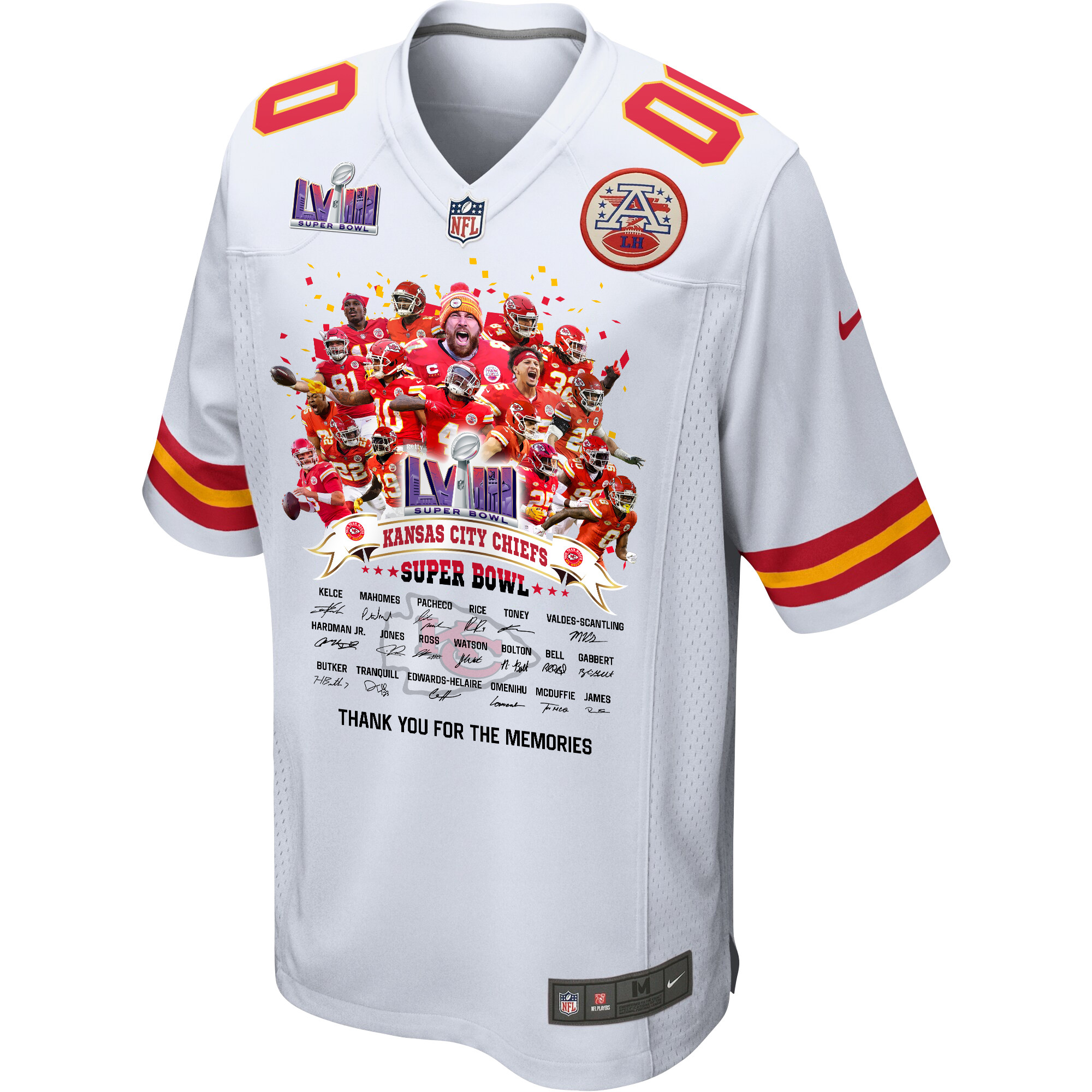 Alternative view of Kansas City Chiefs Super Bowl LVIII Thanks For Memories Game Custom Men Jersey - White JS3193 nicesnker