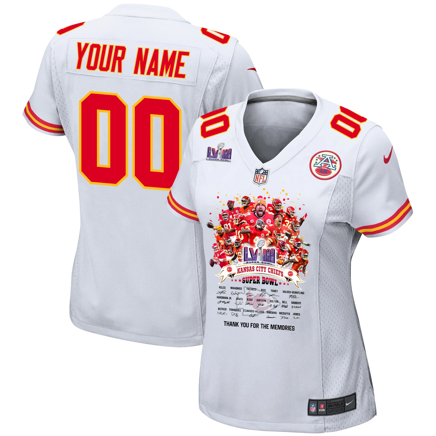 Kansas City Chiefs Super Bowl LVIII Thanks For Memories Game Custom Women Jersey - White JS4476 nicesnker