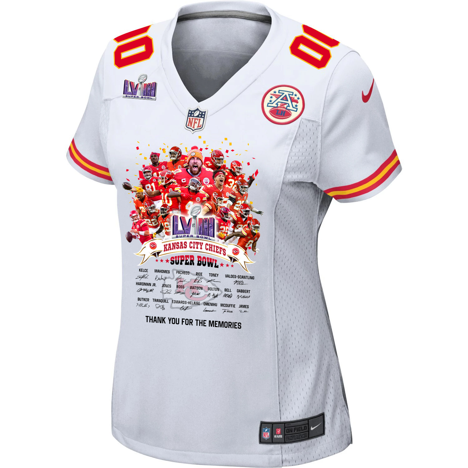 Alternative view of Kansas City Chiefs Super Bowl LVIII Thanks For Memories Game Custom Women Jersey - White JS4476 nicesnker