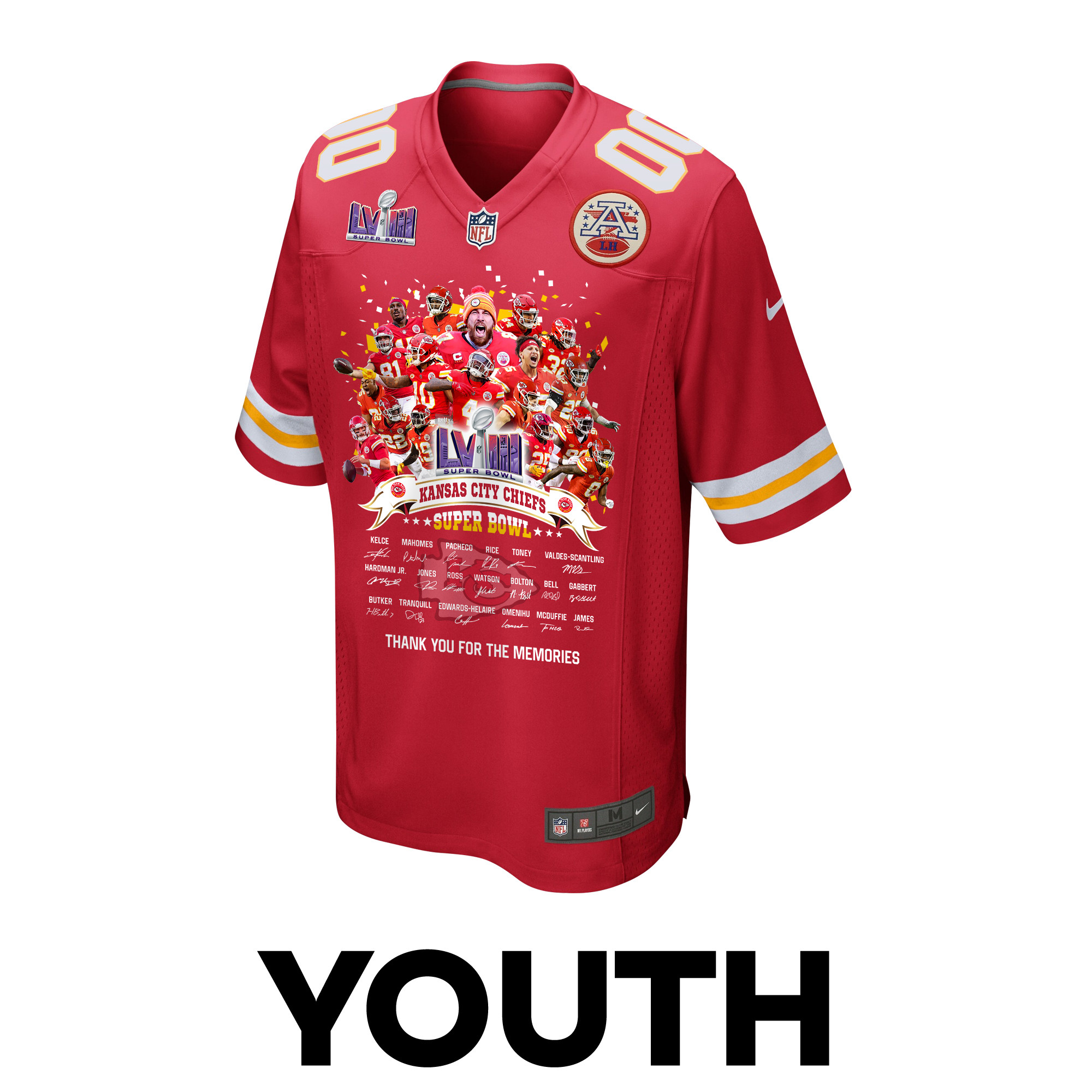 Alternative view of Kansas City Chiefs Super Bowl LVIII Thanks For Memories Game Custom YOUTH Jersey - Red JS7352 nicesnker