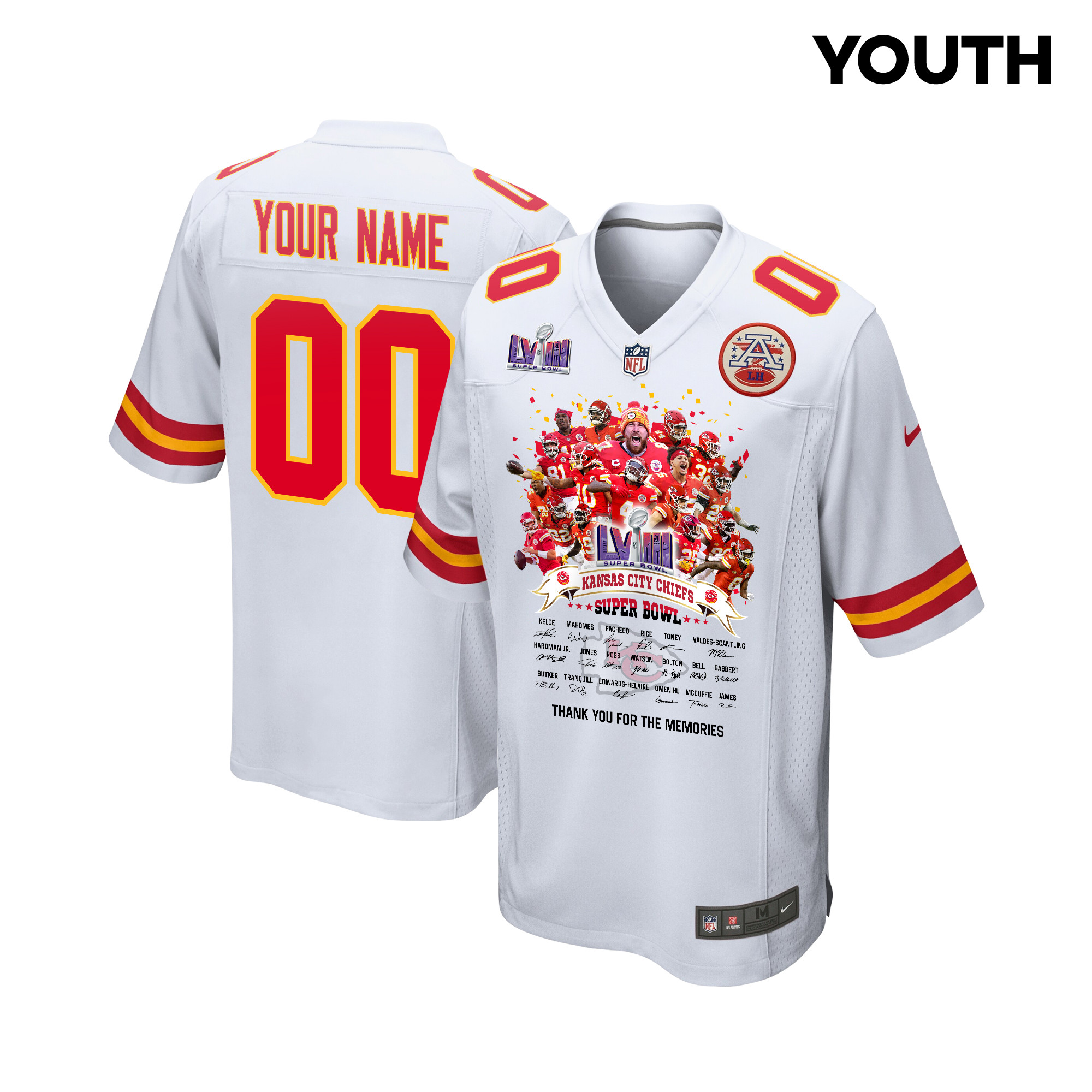 Kansas City Chiefs Super Bowl LVIII Thanks For Memories Game Custom YOUTH Jersey - White JS4019 nicesnker