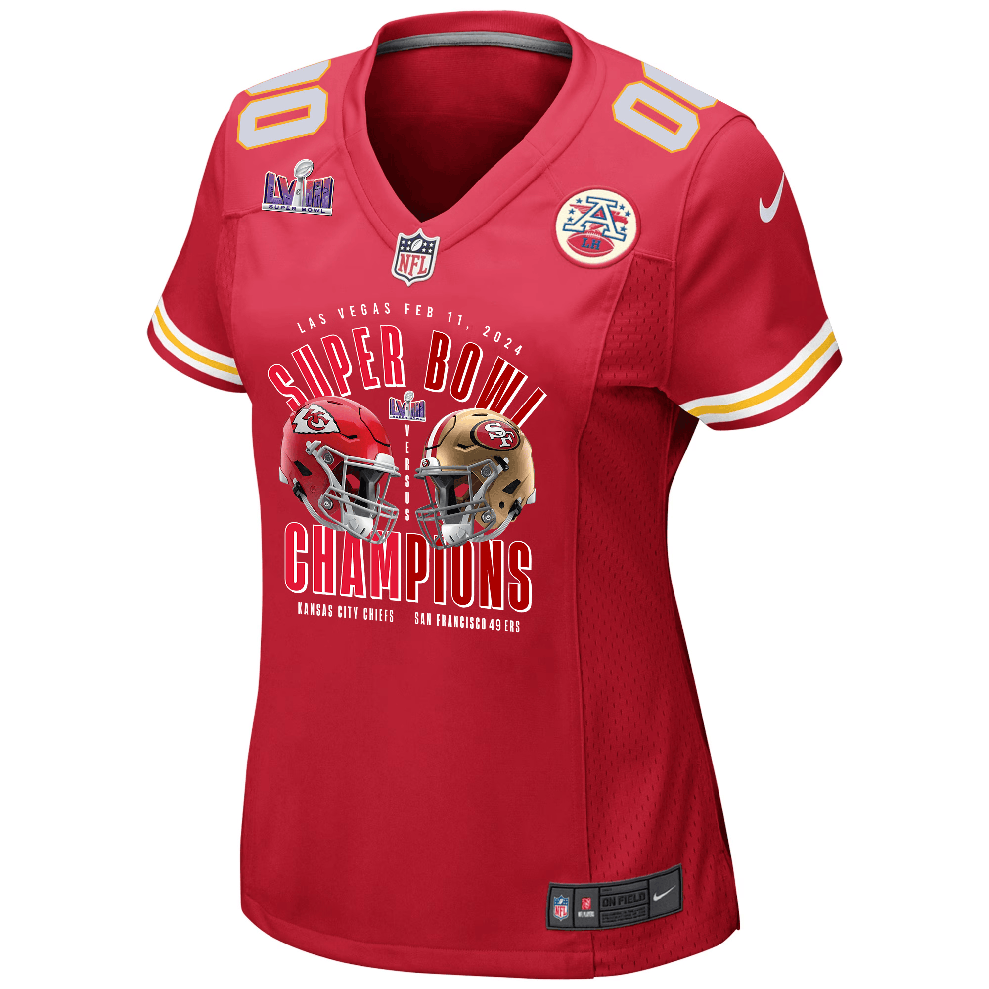 Alternative view of Kansas City Chiefs vs. San Francisco 49ers Super Bowl LVIII Matchup Game Custom Women Jersey - Red JS8573 nicesnker