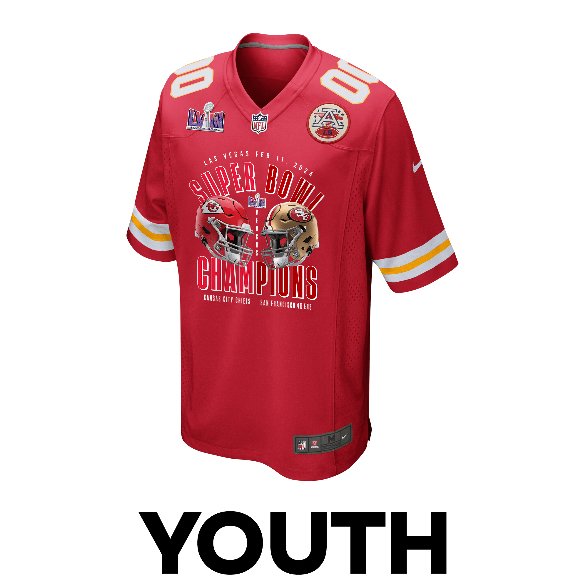Alternative view of Kansas City Chiefs vs. San Francisco 49ers Super Bowl LVIII Matchup Game Custom YOUTH Jersey - Red JS7518 nicesnker