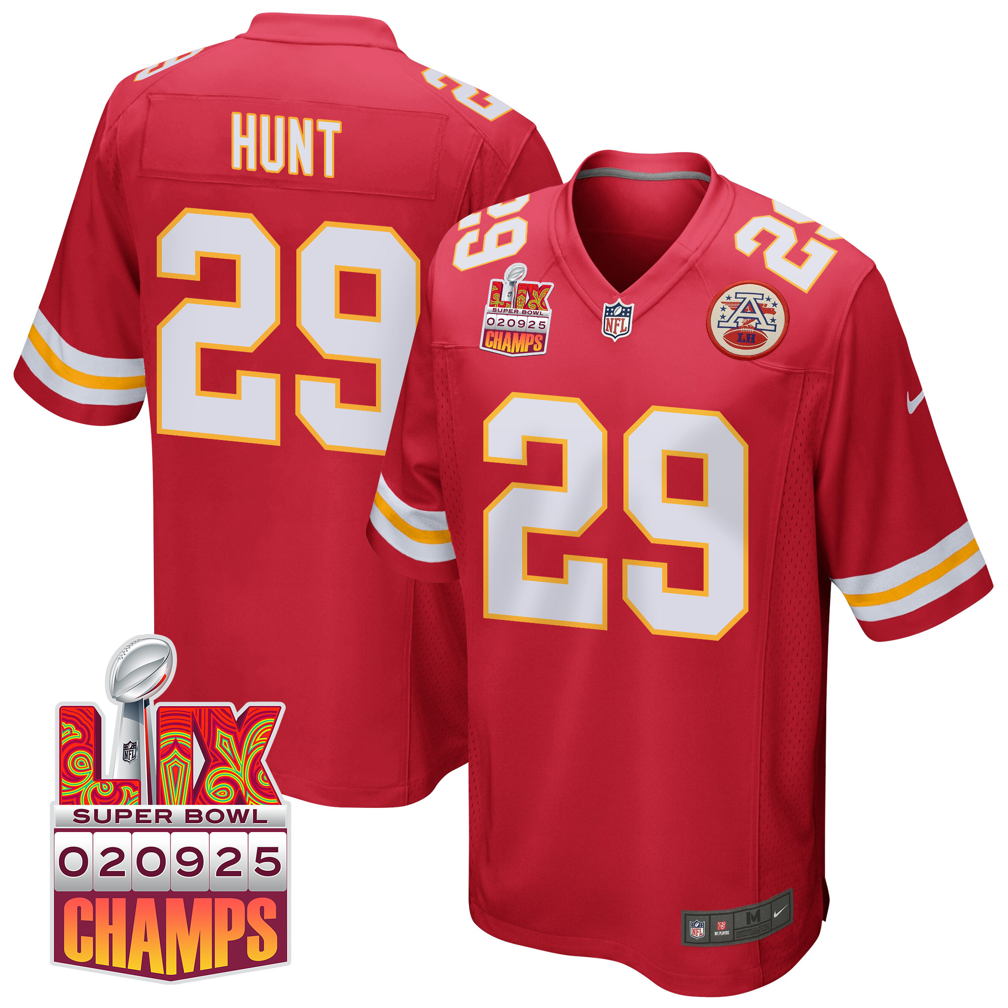Kareem Hunt 29 Kansas City Chiefs Super Bowl LIX Champions Patch Game Men Jersey - Red JS7081 nicesnker