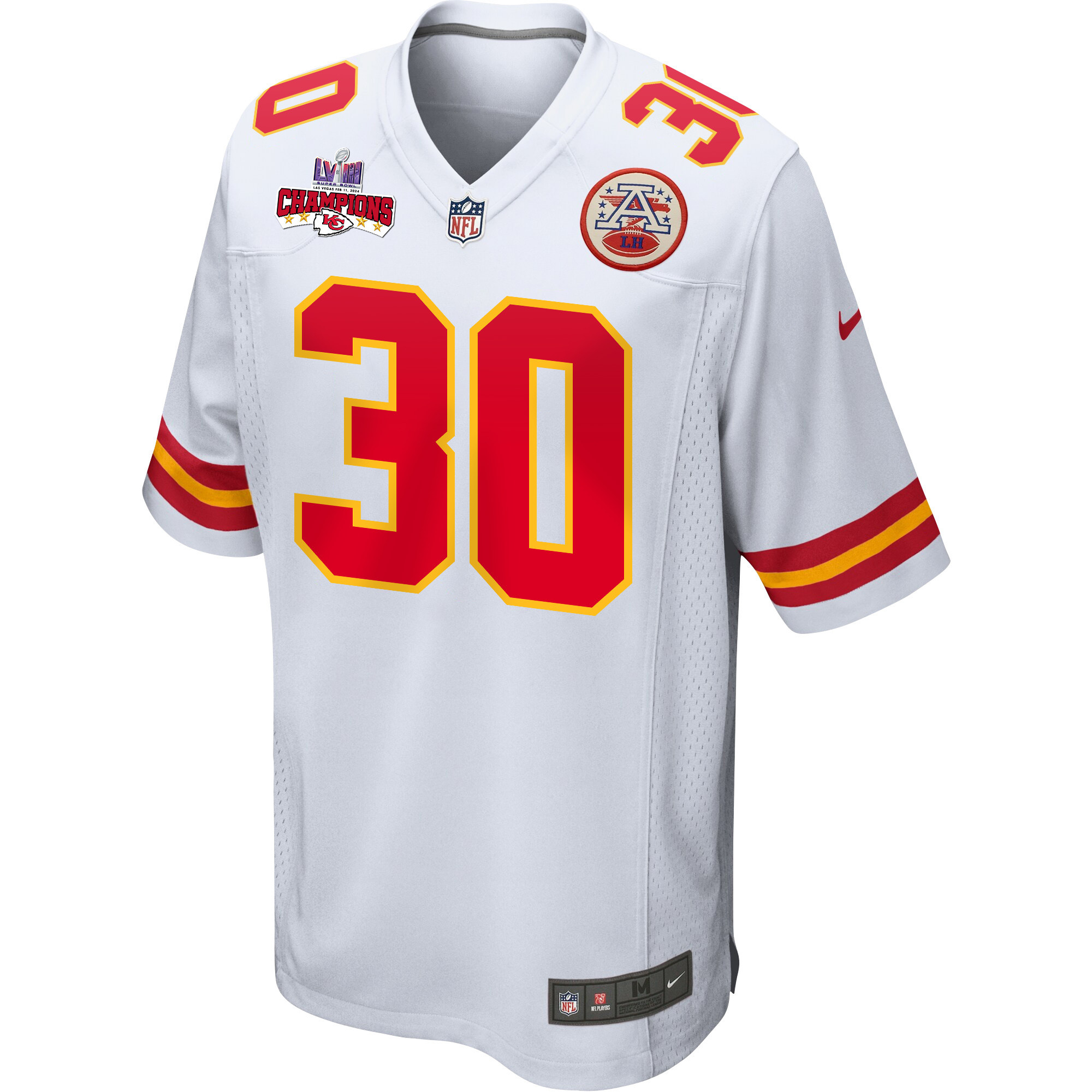 Alternative view of Keaontay Ingram 30 Kansas City Chiefs Super Bowl LVIII Champions 4 Stars Patch Game Men Jersey - White JS1610 nicesnker