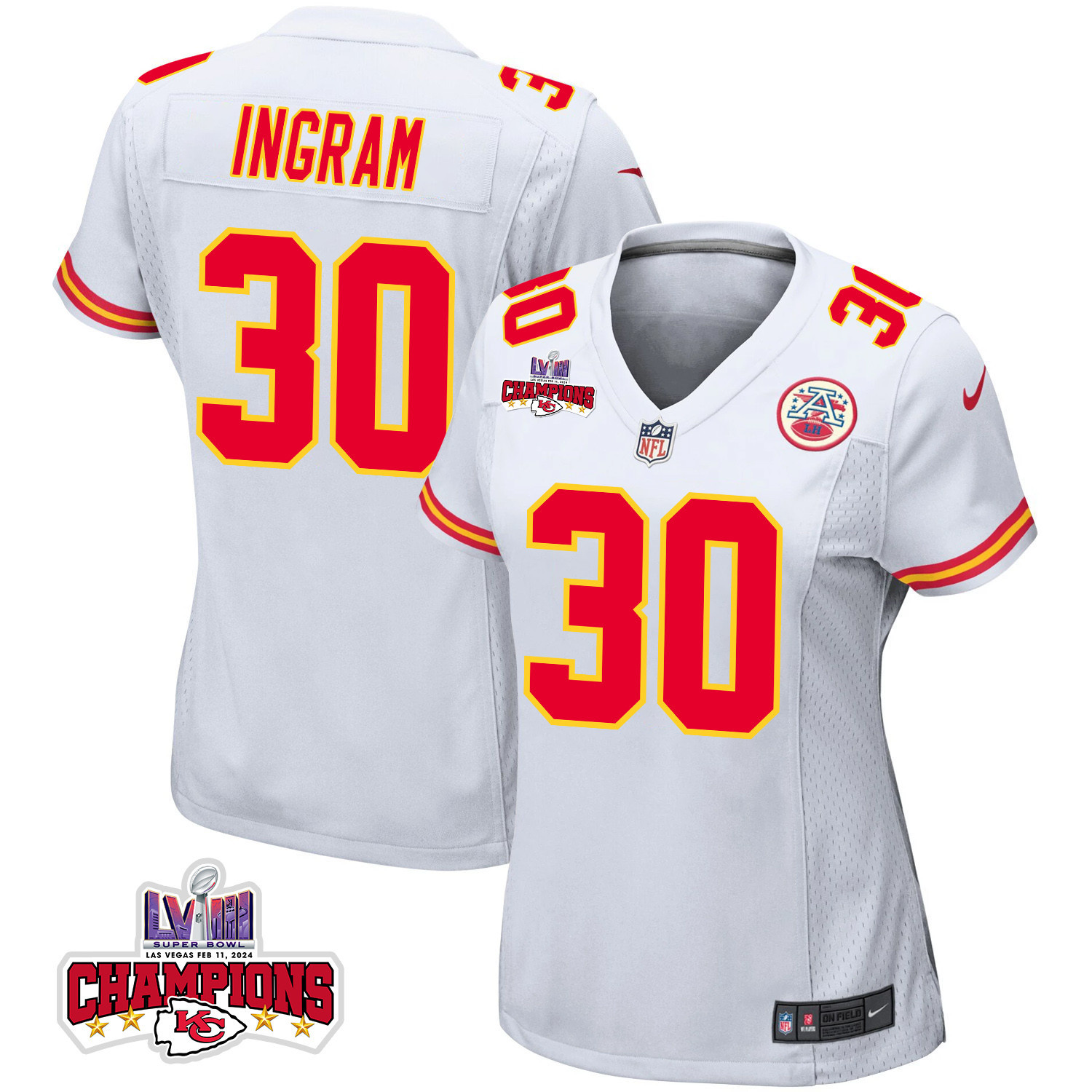 Keaontay Ingram 30 Kansas City Chiefs Super Bowl LVIII Champions 4 Stars Patch Game Women Jersey - White JS9951 nicesnker
