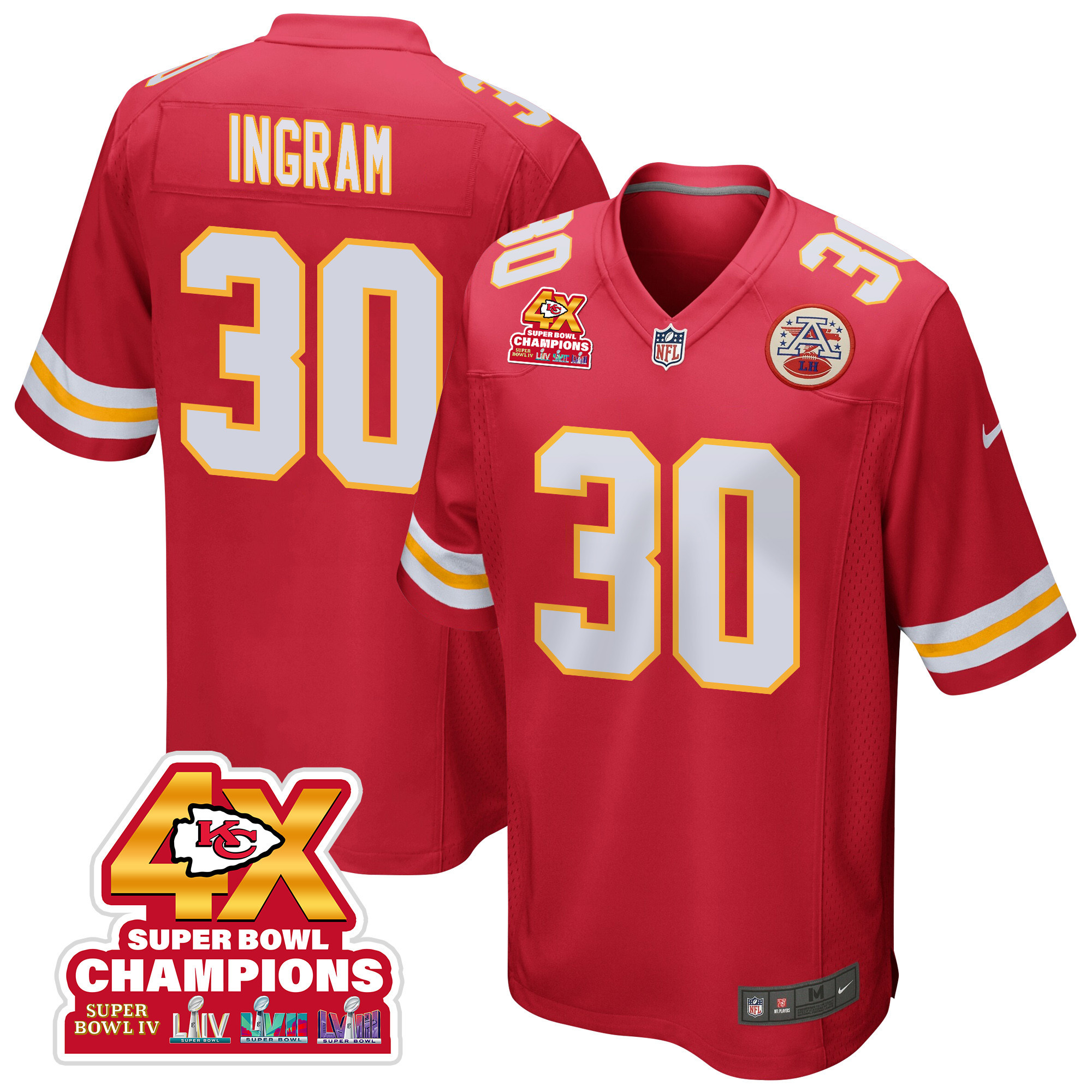 Keaontay Ingram 30 Kansas City Chiefs Super Bowl LVIII Champions 4X Game Men Jersey - Red JS9052 nicesnker