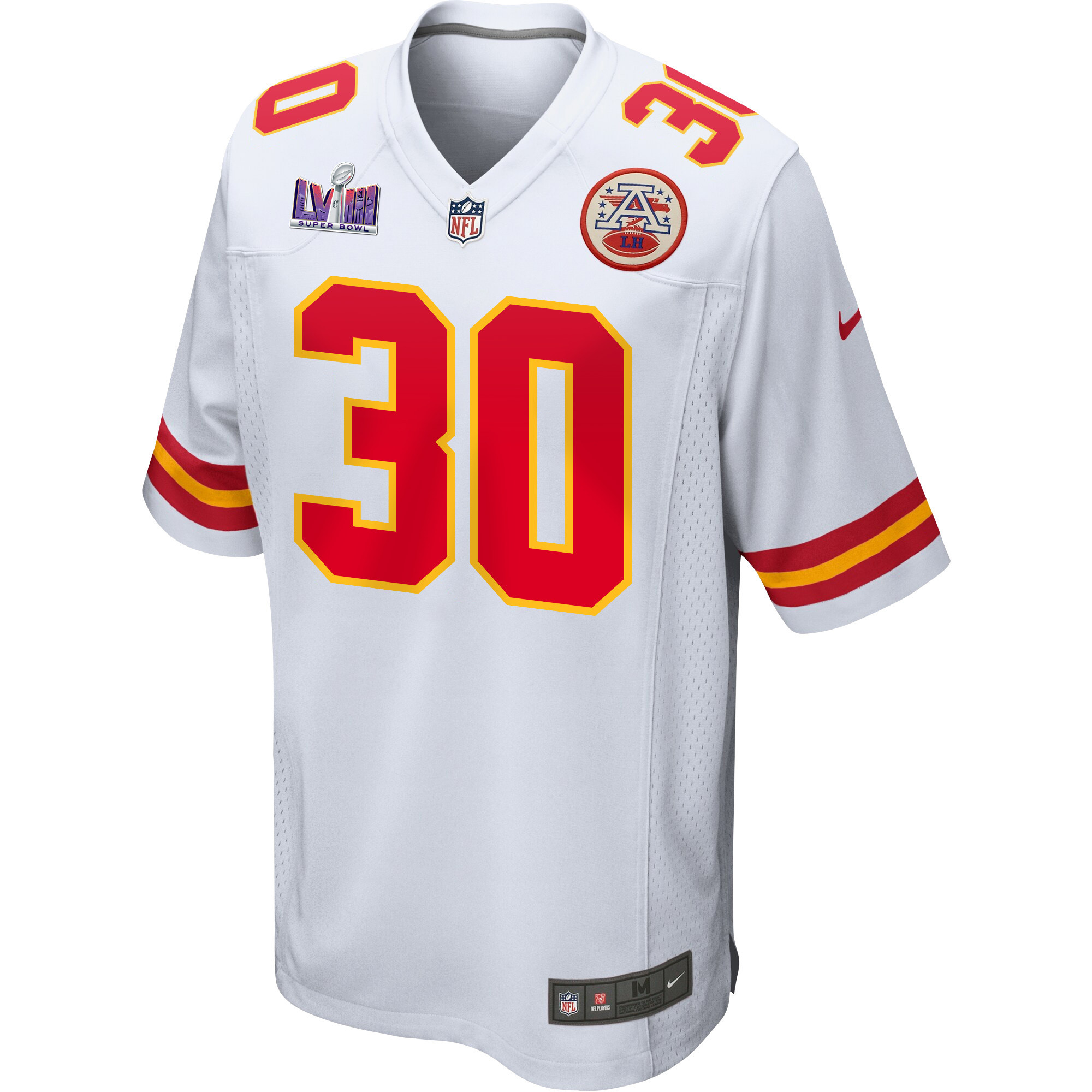 Alternative view of Keaontay Ingram 30 Kansas City Chiefs Super Bowl LVIII Patch Game Men Jersey - White JS9958 nicesnker