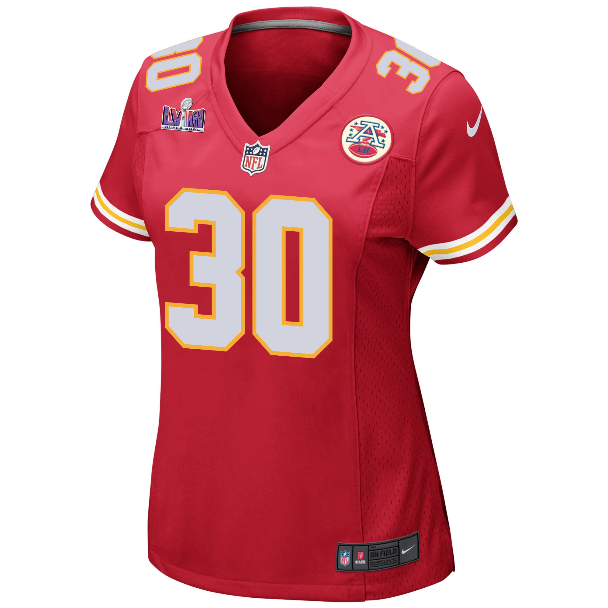 Alternative view of Keaontay Ingram 30 Kansas City Chiefs Super Bowl LVIII Patch Game Women Jersey - Red JS2343 nicesnker