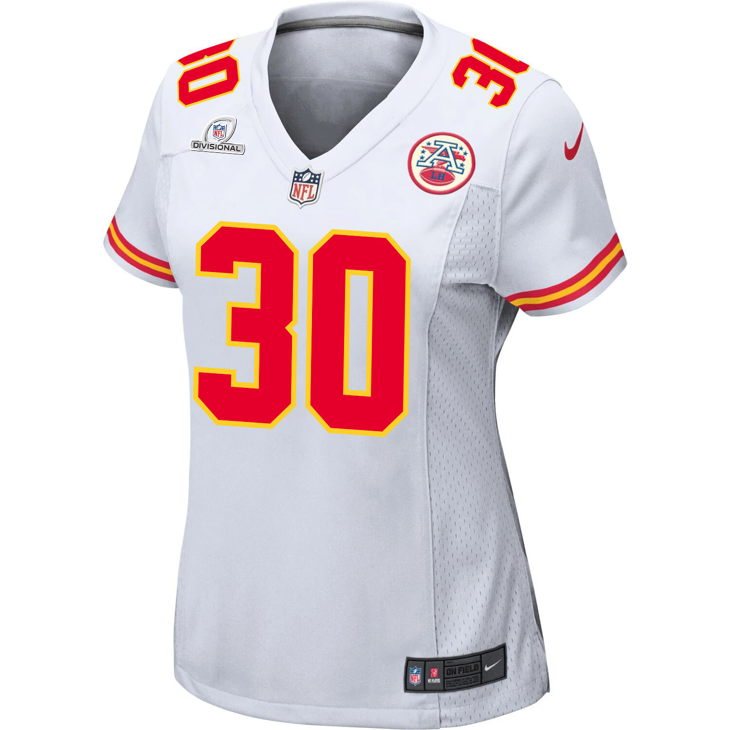 Alternative view of Keaontay Ingram 30 Kansas City Chiefs Super Bowl LVIII Patch Game Women Jersey - White JS5721 nicesnker