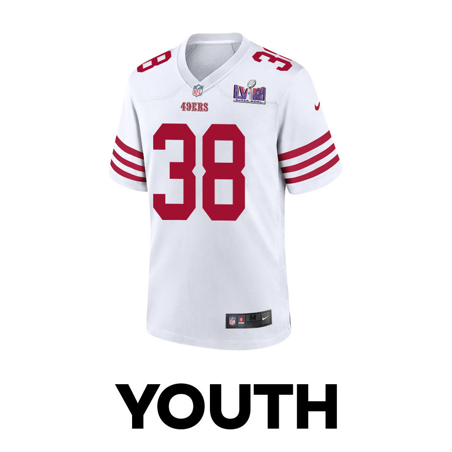 Alternative view of Kemon Hall 38 San Francisco 49ers Super Bowl LVIII Patch Game YOUTH Jersey - White JS4182 nicesnker