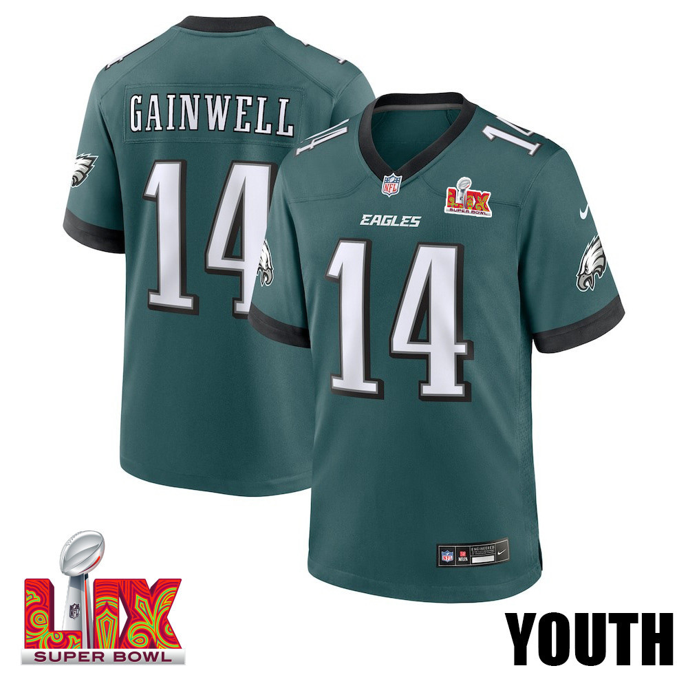 Kenneth Gainwell #14 Philadelphia Eagles Super Bowl LIX YOUTH Jersey - Midnight Green JS8425 nicesnker