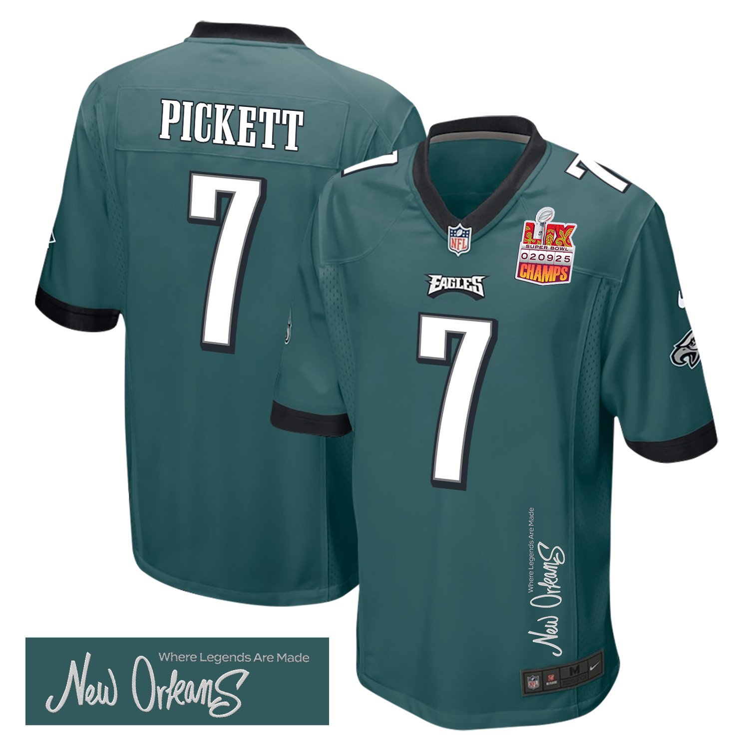 Kenny Pickett 7 Philadelphia Eagles Super Bowl LIX Champions Patch 'New Orleans - Where Legends Are Made' EMBROIDERED Game Men Jersey - Midnight Green JS8564 nicesnker