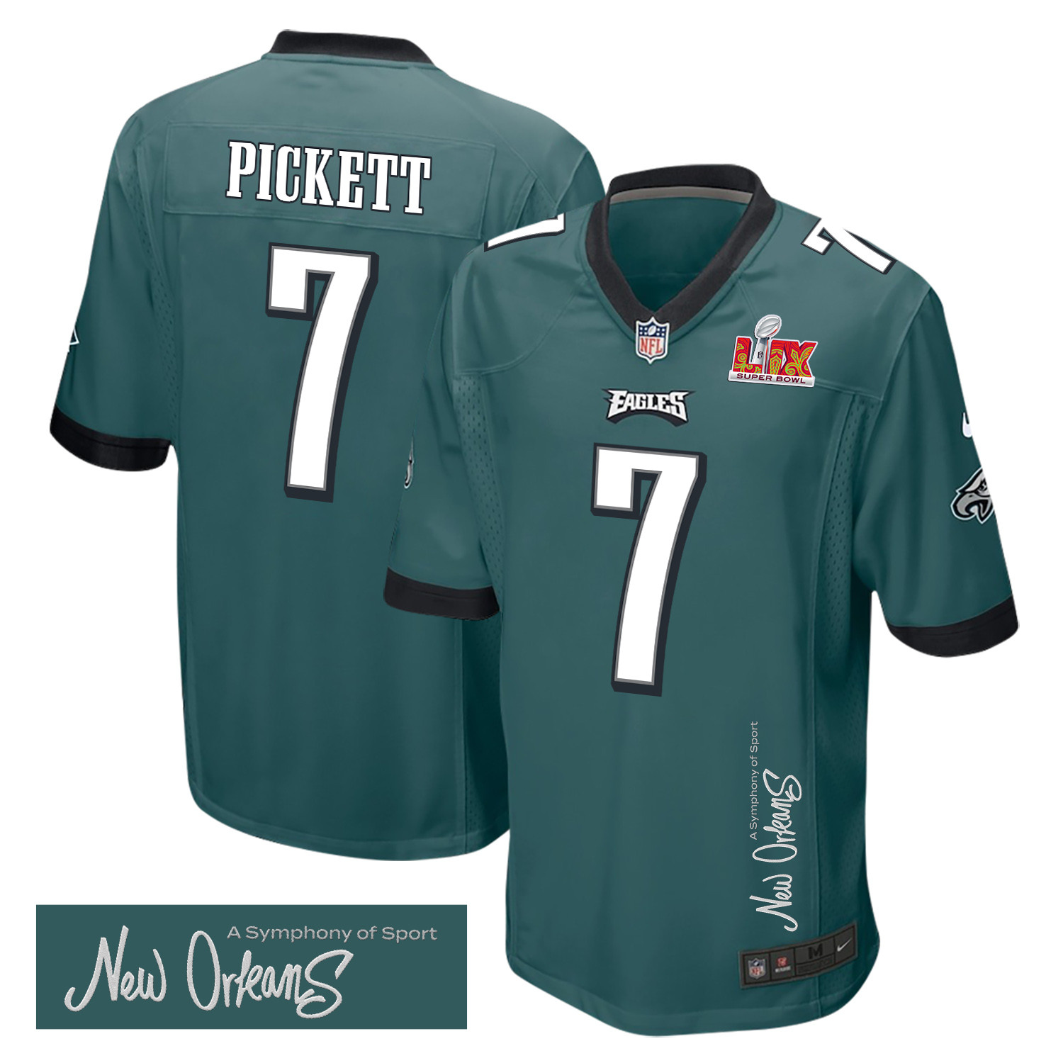 Kenny Pickett 7 Philadelphia Eagles Super Bowl LIX 'New Orleans - A Symphony of Sport' EMBROIDERED Game Men Jersey - Midnight Green JS5240 nicesnker