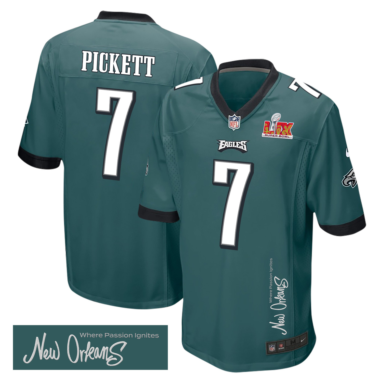 Kenny Pickett 7 Philadelphia Eagles Super Bowl LIX 'New Orleans - Where Passion Ignites' EMBROIDERED Game Men Jersey - Midnight Green JS7600 nicesnker