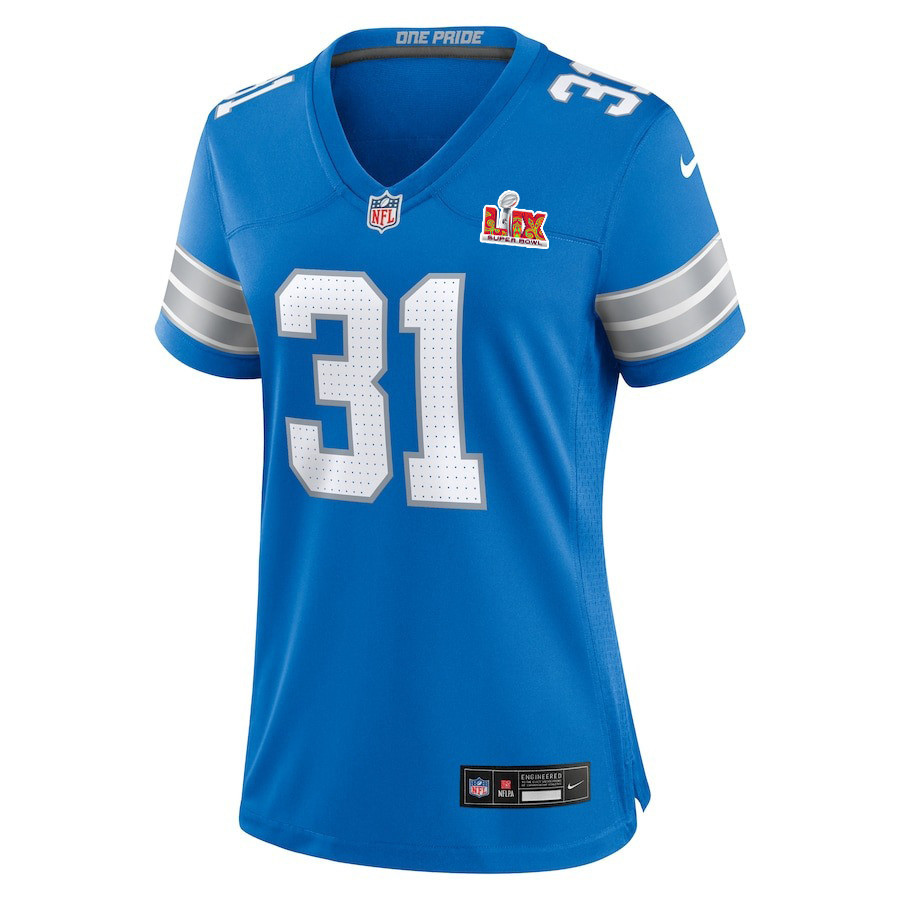 Alternative view of Kerby Joseph #31 Detroit Lions Super Bowl LIX Women's Jersey - Blue JS4113 nicesnker