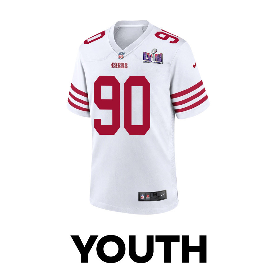 Alternative view of Kevin Givens 90 San Francisco 49ers Super Bowl LVIII Patch Game YOUTH Jersey - White JS8161 nicesnker
