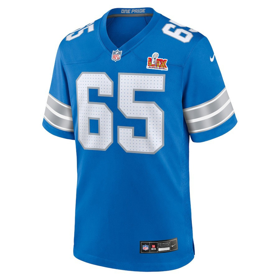 Alternative view of Kingsley Eguakun #65 Detroit Lions Super Bowl LIX YOUTH Jersey - Blue JS5911 nicesnker