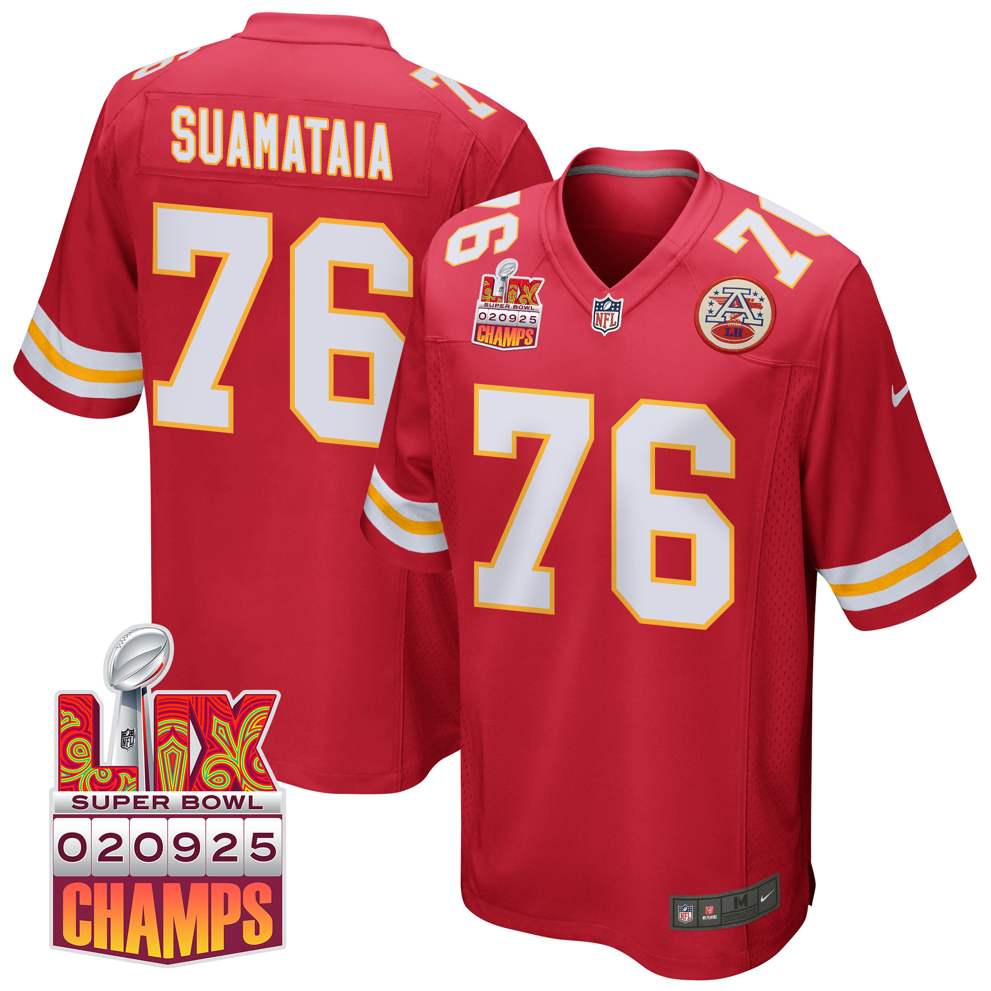 Kingsley Suamataia 76 Kansas City Chiefs Super Bowl LIX Champions Patch Game Men Jersey - Red JS4455 nicesnker