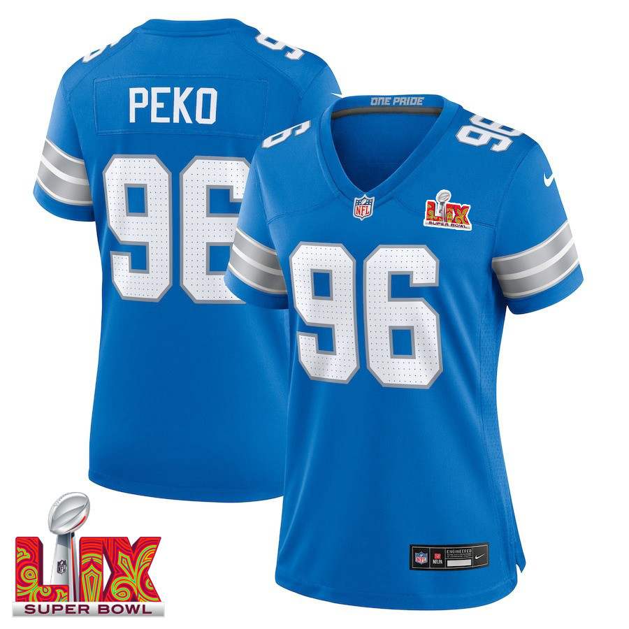 Kyle Peko #96 Detroit Lions Super Bowl LIX Women's Jersey - Blue JS8264 nicesnker