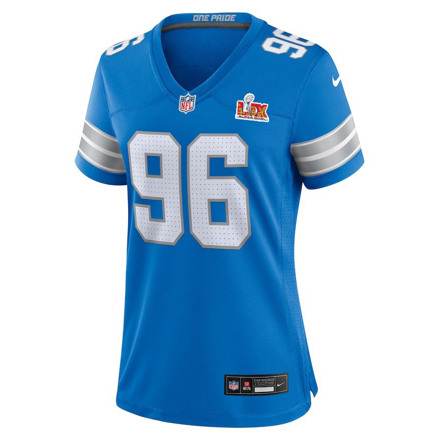 Alternative view of Kyle Peko #96 Detroit Lions Super Bowl LIX Women's Jersey - Blue JS8264 nicesnker