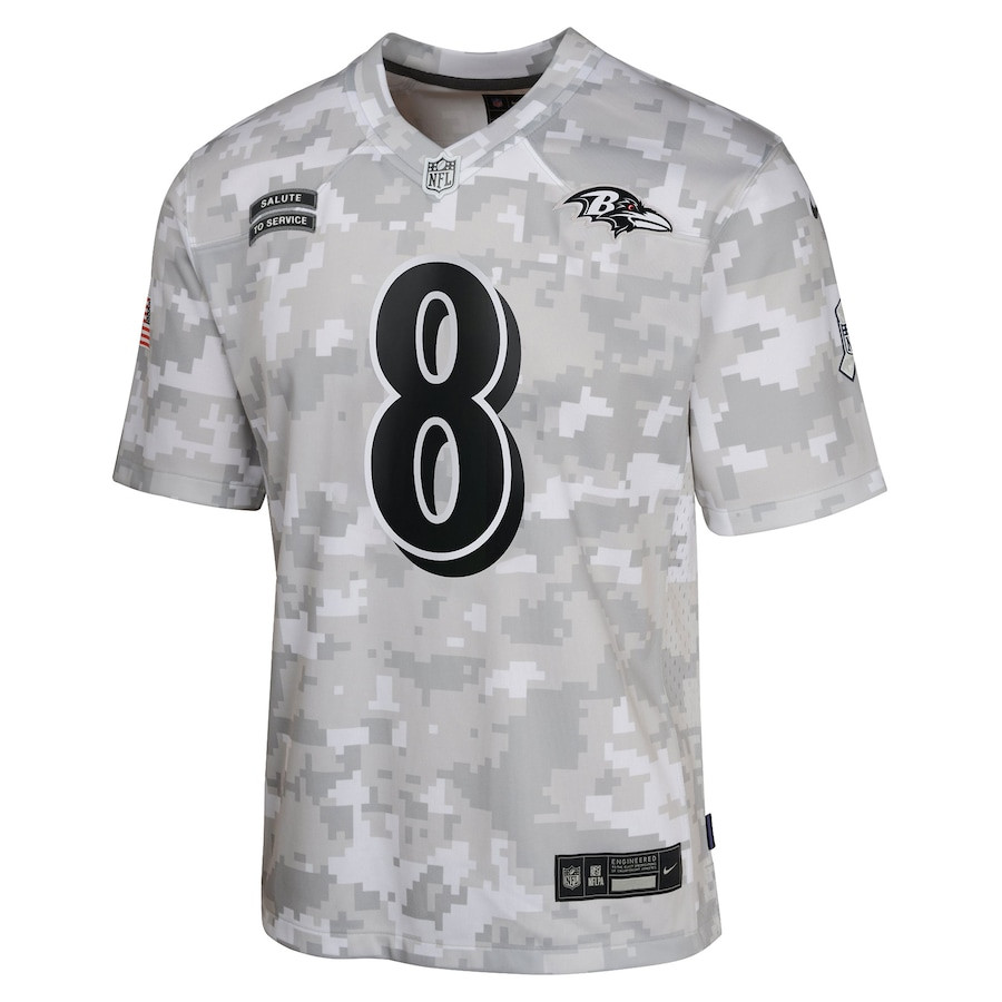 Alternative view of Lamar Jackson 8 Baltimore Ravens 2024 Salute to Service Game YOUTH Jersey - Arctic Camo JS1721 nicesnker
