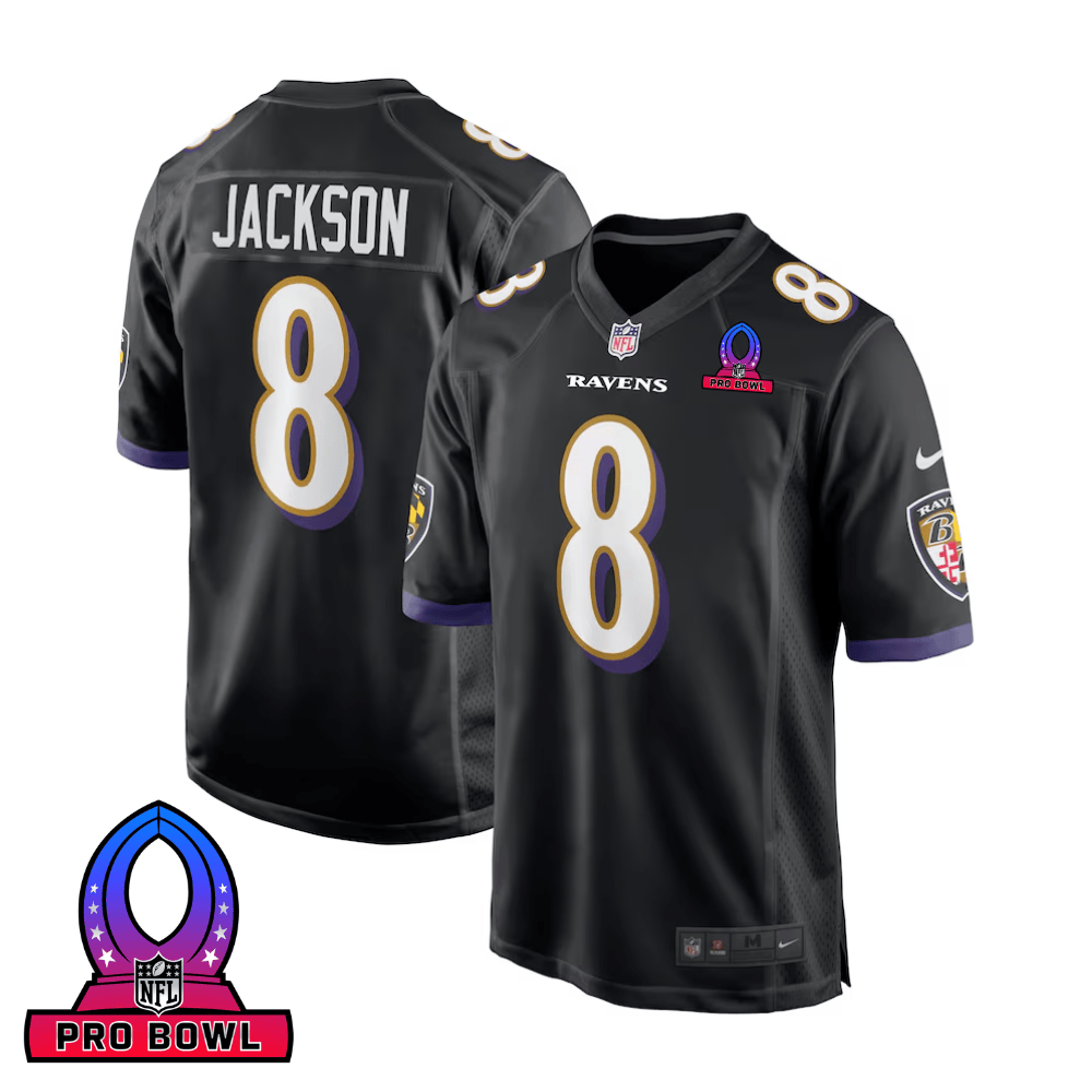 Lamar Jackson 8 Baltimore Ravens 2025 Pro Bowl Patch Alternate Game Men Jersey - Black JS3831 nicesnker