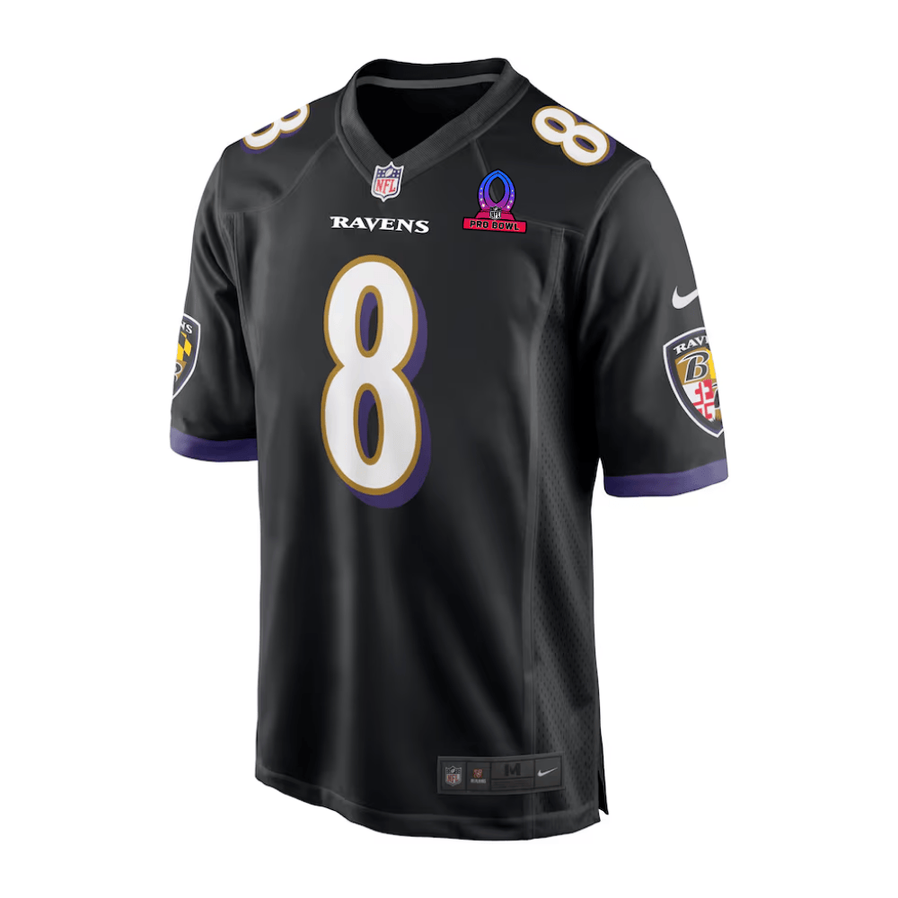 Alternative view of Lamar Jackson 8 Baltimore Ravens 2025 Pro Bowl Patch Alternate Game Men Jersey - Black JS3831 nicesnker