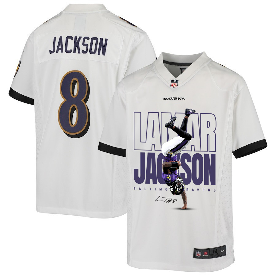 Lamar Jackson 8 Baltimore Ravens Lamar the Merrier Game YOUTH Jersey - White JS1264 nicesnker
