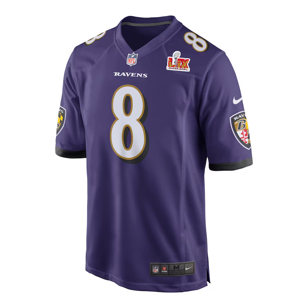Alternative view of Lamar Jackson #8 Baltimore Ravens Super Bowl LIX Jersey - Men's - Purple JS2550 nicesnker