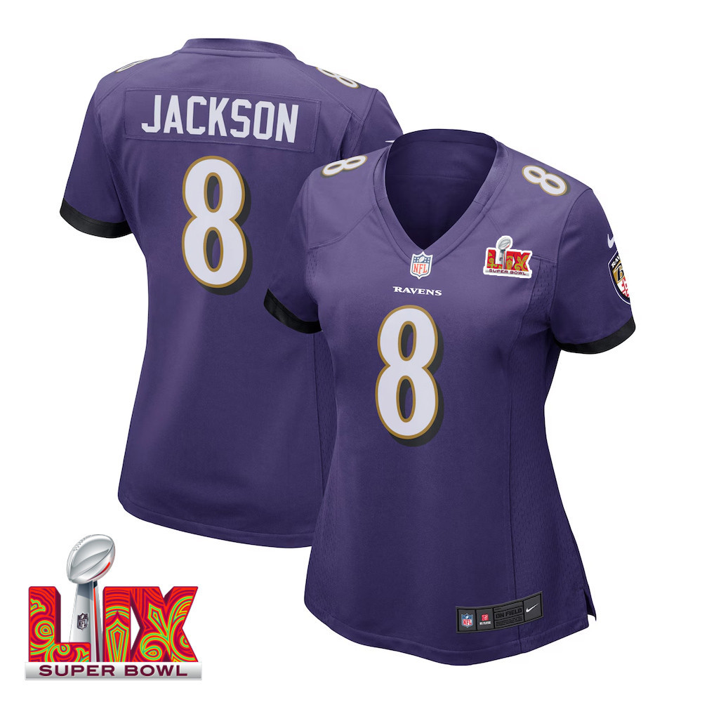 Lamar Jackson #8 Baltimore Ravens Super Bowl LIX Women's Jersey - Purple JS8337 nicesnker