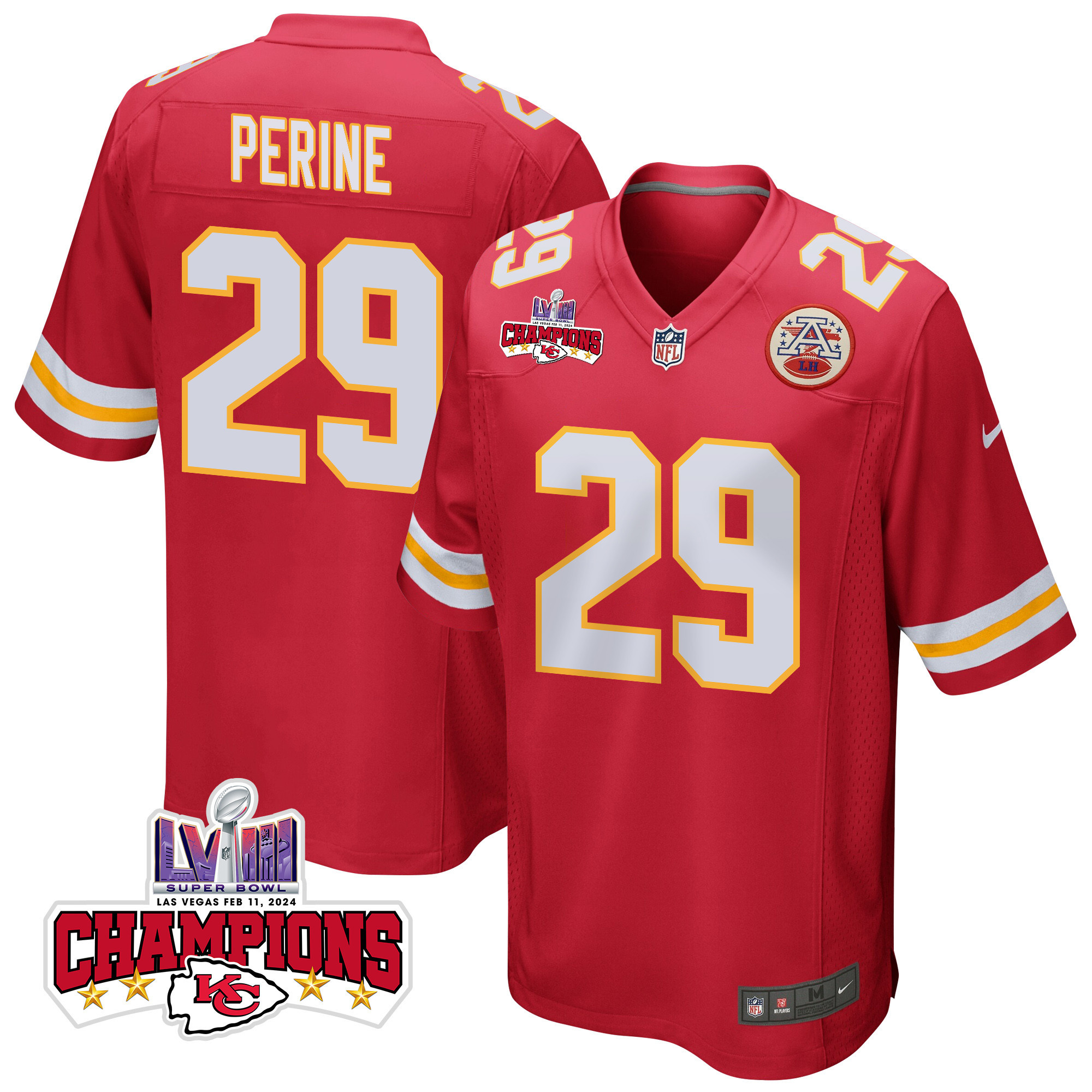 La'Mical Perine 29 Kansas City Chiefs Super Bowl LVIII Champions 4 Stars Patch Game Men Jersey - Red JS6027 nicesnker