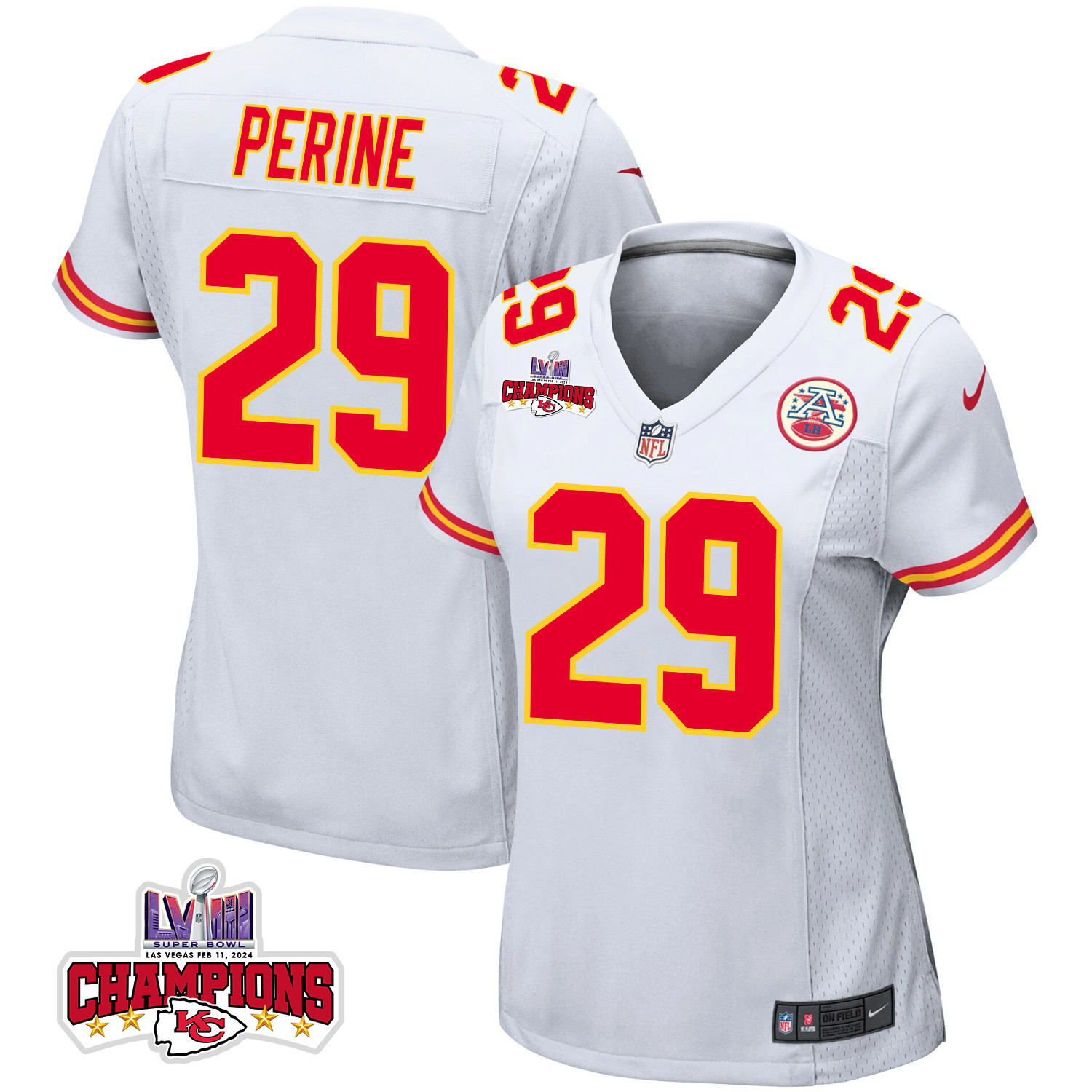 La'Mical Perine 29 Kansas City Chiefs Super Bowl LVIII Champions 4 Stars Patch Game Women Jersey - White JS5583 nicesnker