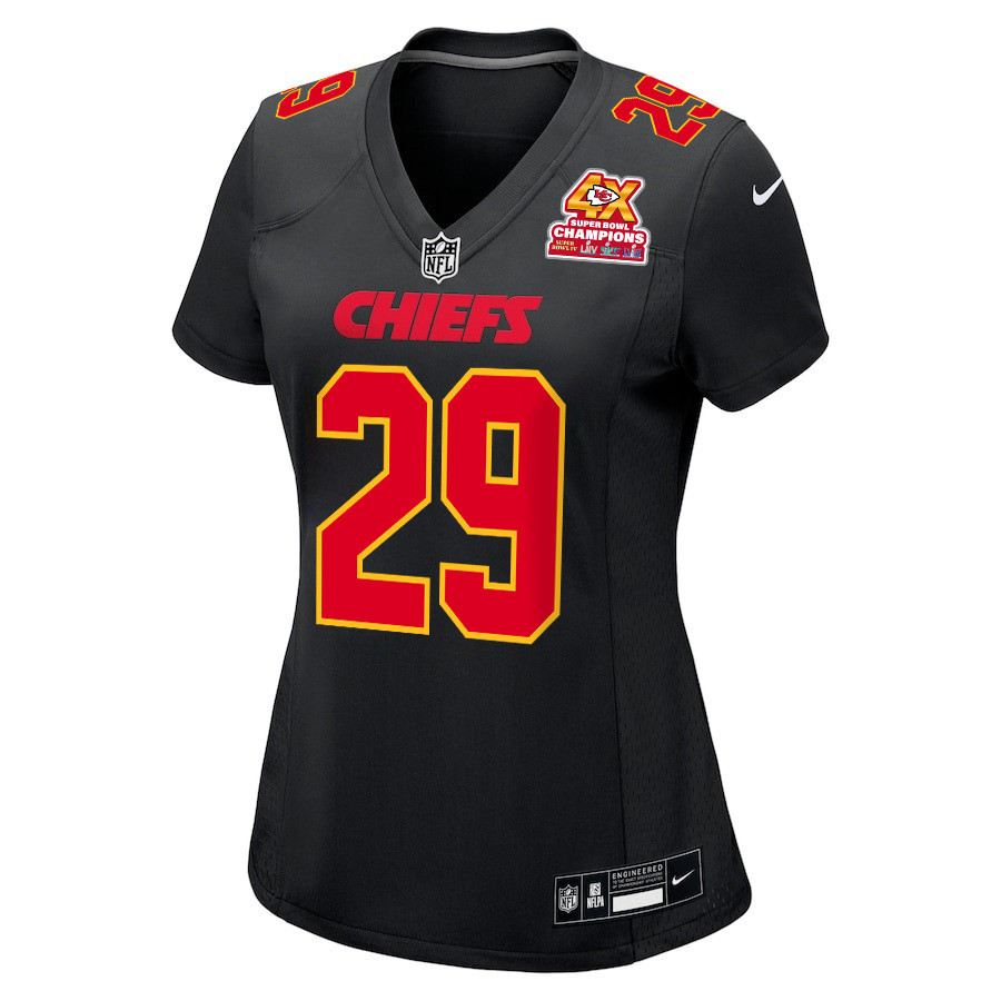 Alternative view of La_Mical Perine 29 Kansas City Chiefs Super Bowl LVIII Champions 4X Fashion Game Women Jersey - Carbon Black JS3275 nicesnker