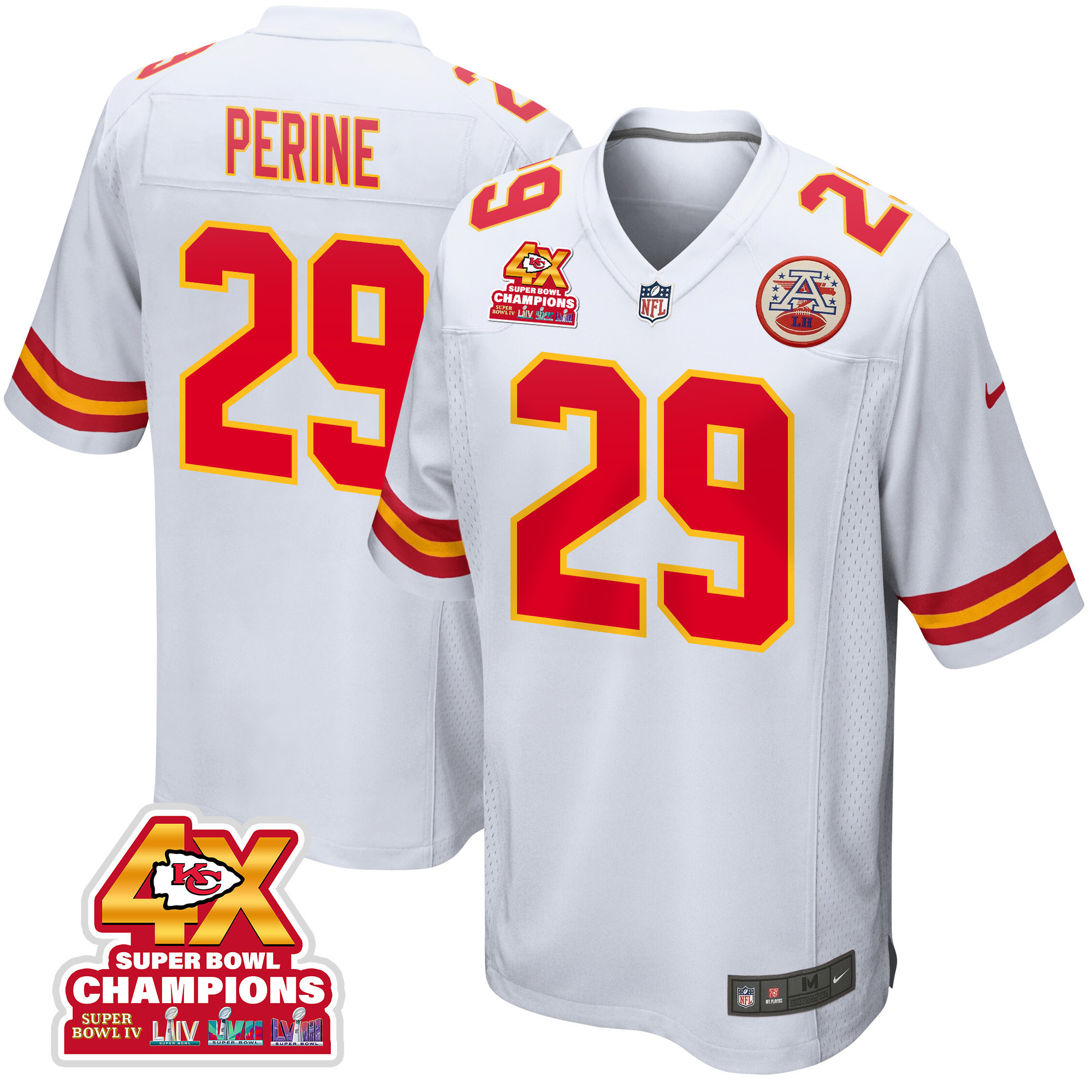 La'Mical Perine 29 Kansas City Chiefs Super Bowl LVIII Champions 4X Game Men Jersey - White JS9899 nicesnker