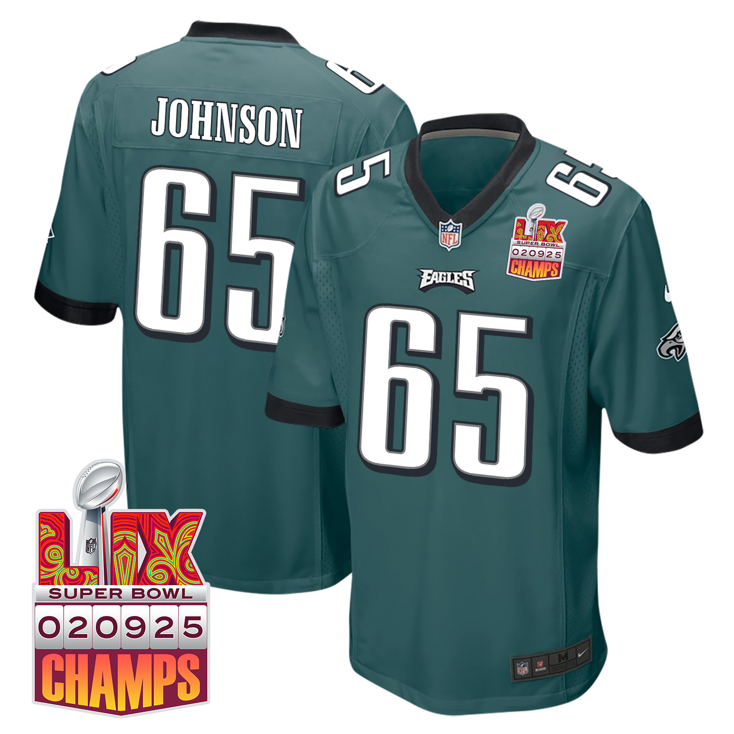 Lane Johnson 65 Philadelphia Eagles Super Bowl LIX Champions Patch Game Men Jersey - Midnight Green JS7610 nicesnker