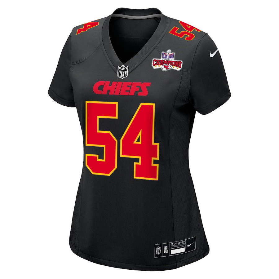 Alternative view of Leo Chenal 54 Kansas City Chiefs Super Bowl LVIII Champions 4 Stars Patch Fashion Game Women Jersey - Carbon Black JS9883 nicesnker