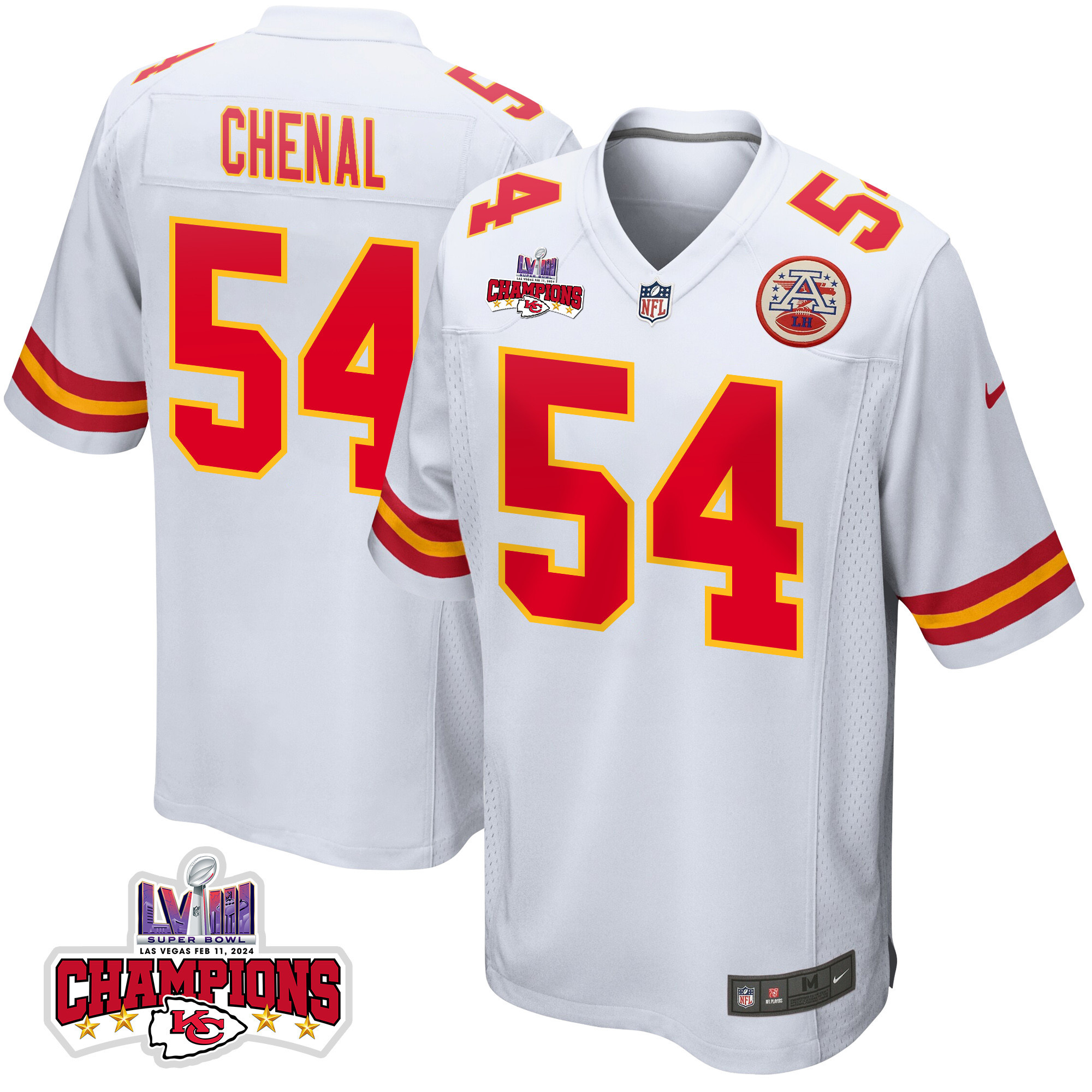Leo Chenal 54 Kansas City Chiefs Super Bowl LVIII Champions 4 Stars Patch Game Men Jersey - White JS6181 nicesnker
