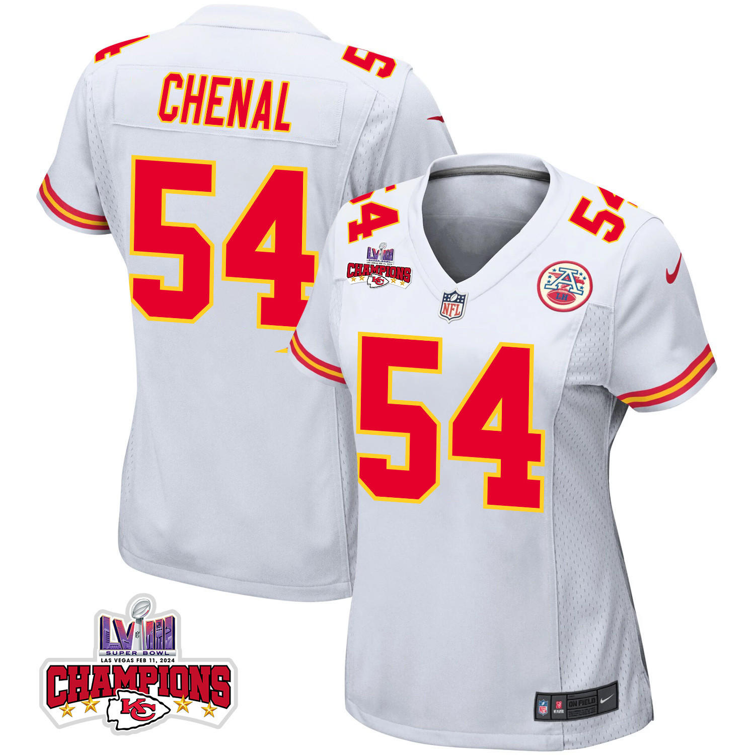 Leo Chenal 54 Kansas City Chiefs Super Bowl LVIII Champions 4 Stars Patch Game Women Jersey - White JS9341 nicesnker