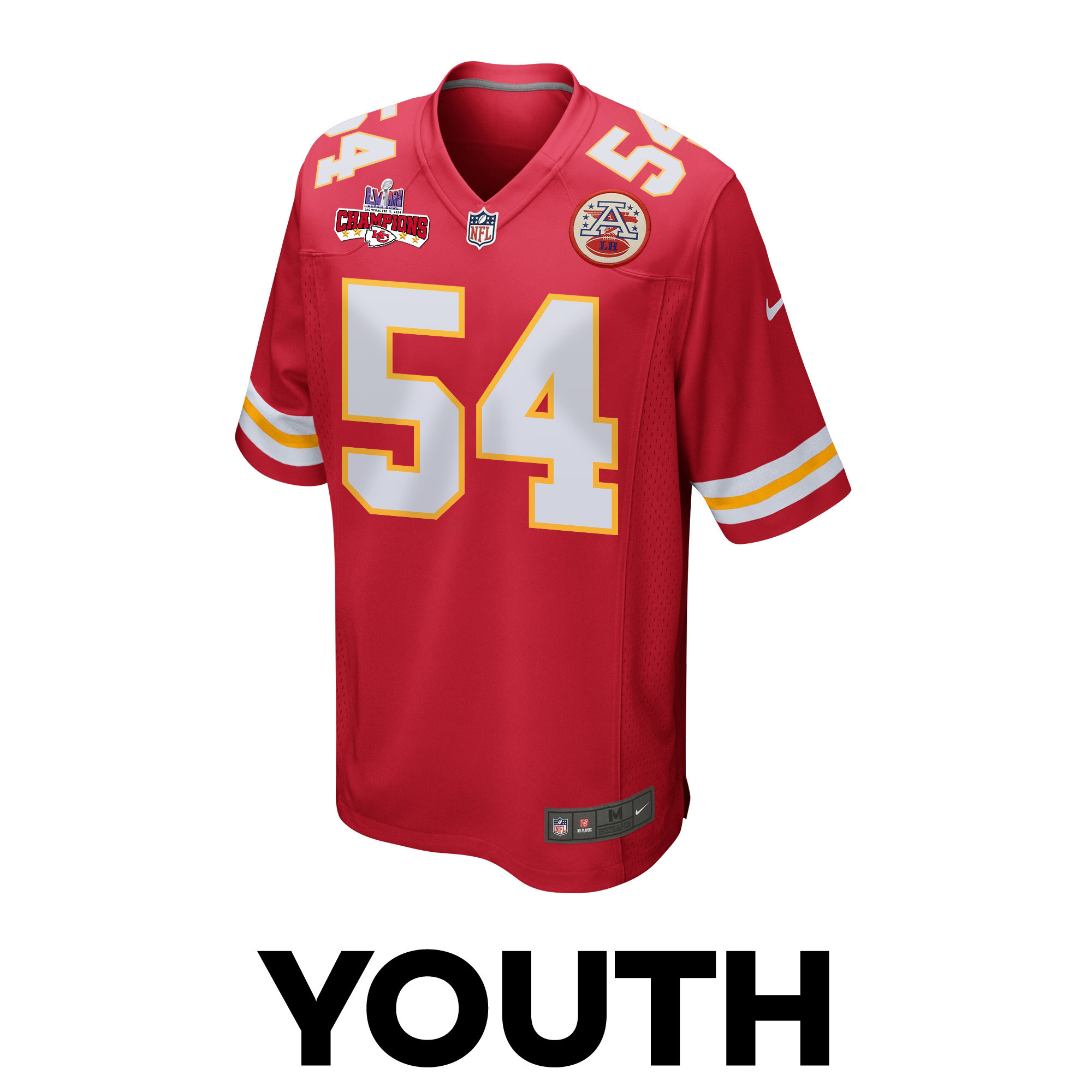 Alternative view of Leo Chenal 54 Kansas City Chiefs Super Bowl LVIII Champions 4 Stars Patch Game YOUTH Jersey - Red JS9664 nicesnker