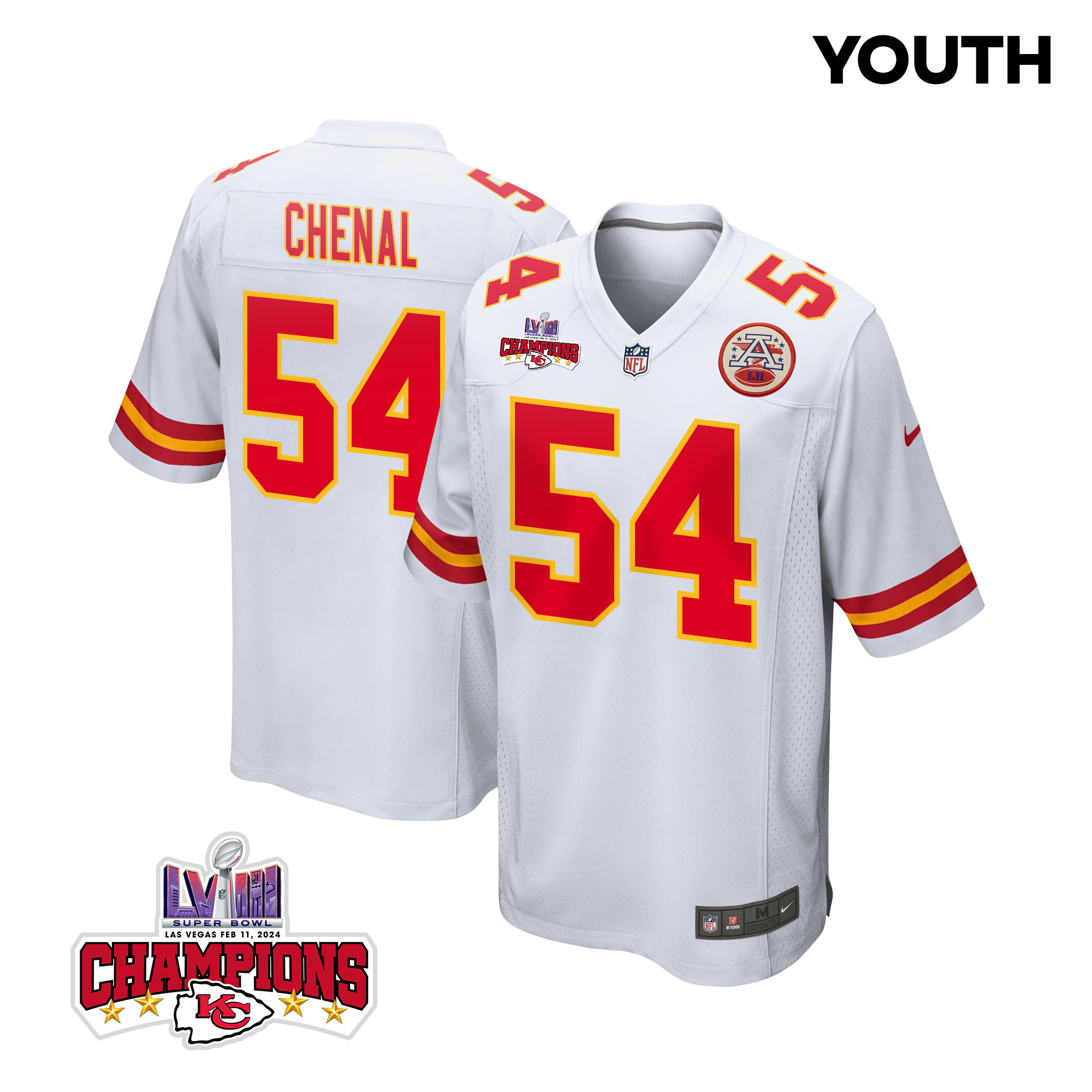 Leo Chenal 54 Kansas City Chiefs Super Bowl LVIII Champions 4 Stars Patch Game YOUTH Jersey - White JS4996 nicesnker