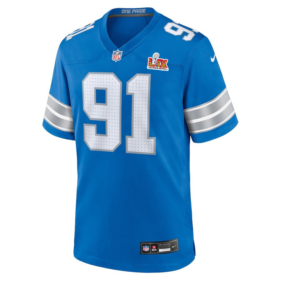 Alternative view of Levi Onwuzurike #91 Detroit Lions Super Bowl LIX YOUTH Jersey - Blue JS2489 nicesnker