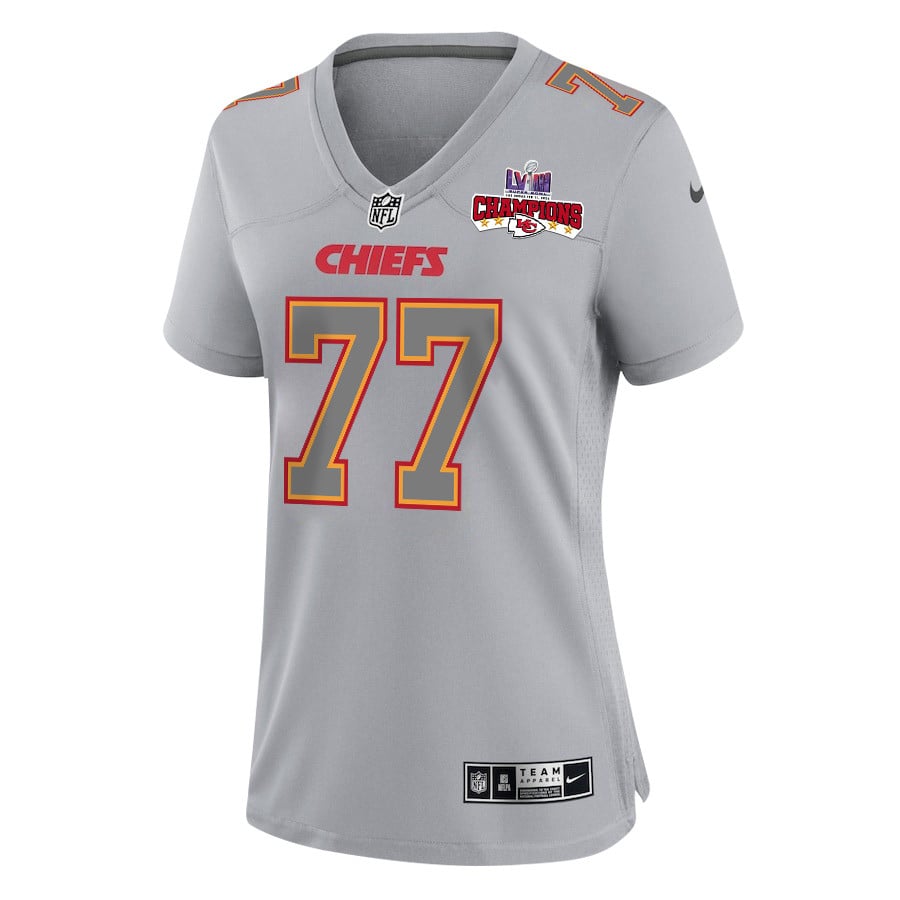 Alternative view of Lucas Niang 77 Kansas City Chiefs Super Bowl LVIII Champions 4 Stars Patch Atmosphere Fashion Game Women Jersey - Gray JS3383 nicesnker