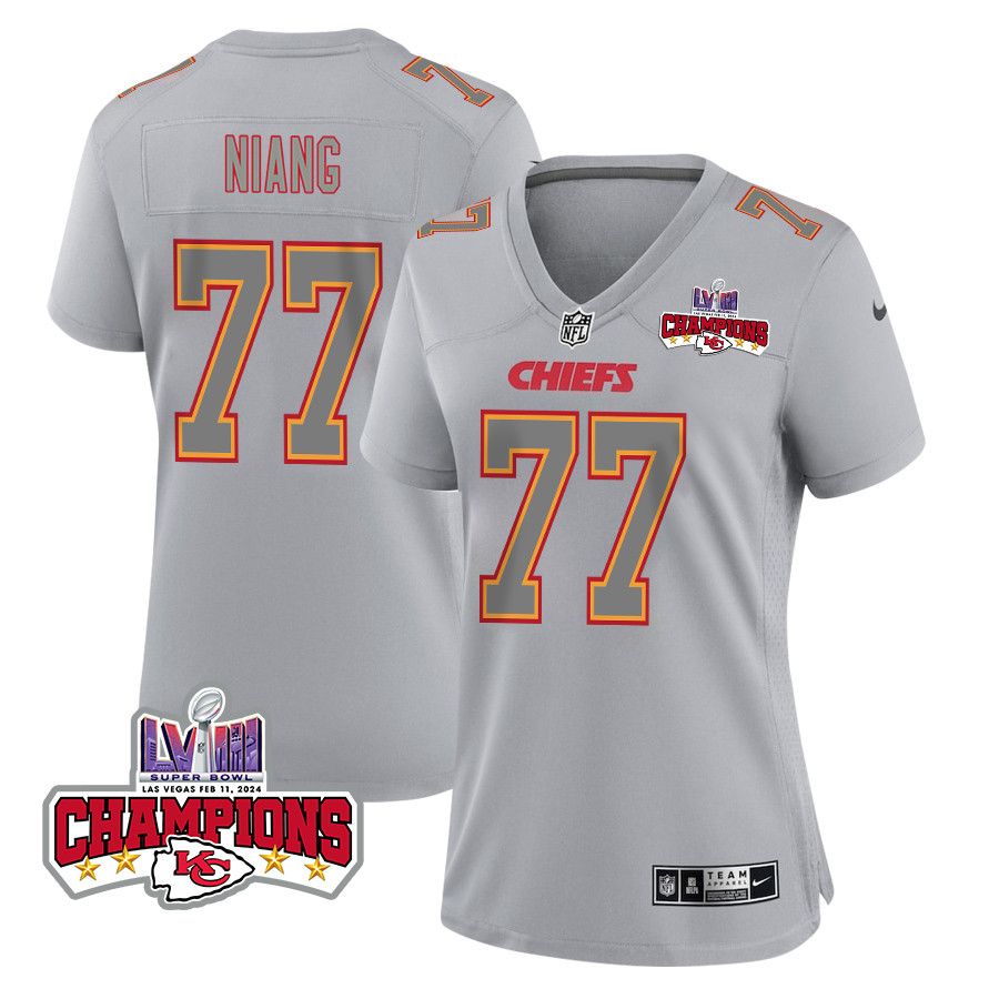 Lucas Niang 77 Kansas City Chiefs Super Bowl LVIII Champions 4 Stars Patch Atmosphere Fashion Game Women Jersey - Gray JS3383 nicesnker