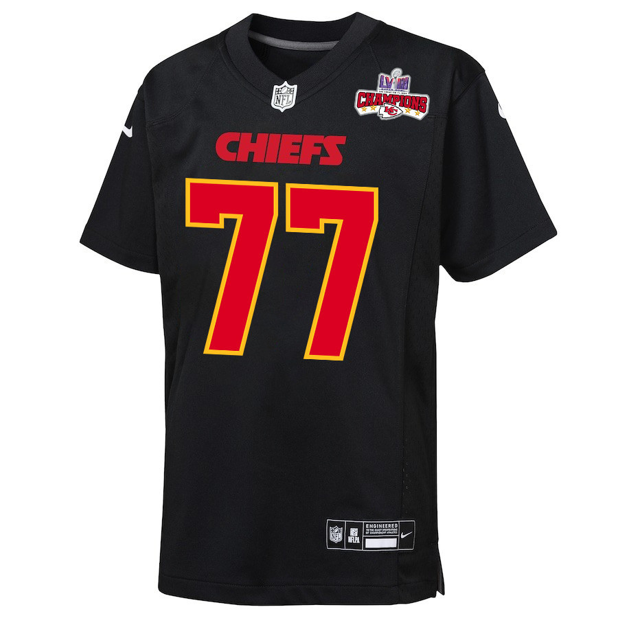 Alternative view of Lucas Niang 77 Kansas City Chiefs Super Bowl LVIII Champions 4 Stars Patch Fashion Game YOUTH Jersey - Carbon Black JS7986 nicesnker