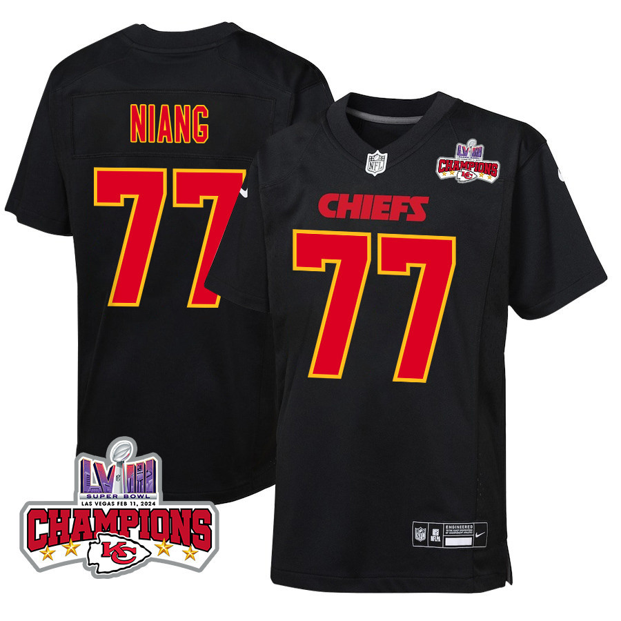 Lucas Niang 77 Kansas City Chiefs Super Bowl LVIII Champions 4 Stars Patch Fashion Game YOUTH Jersey - Carbon Black JS7986 nicesnker