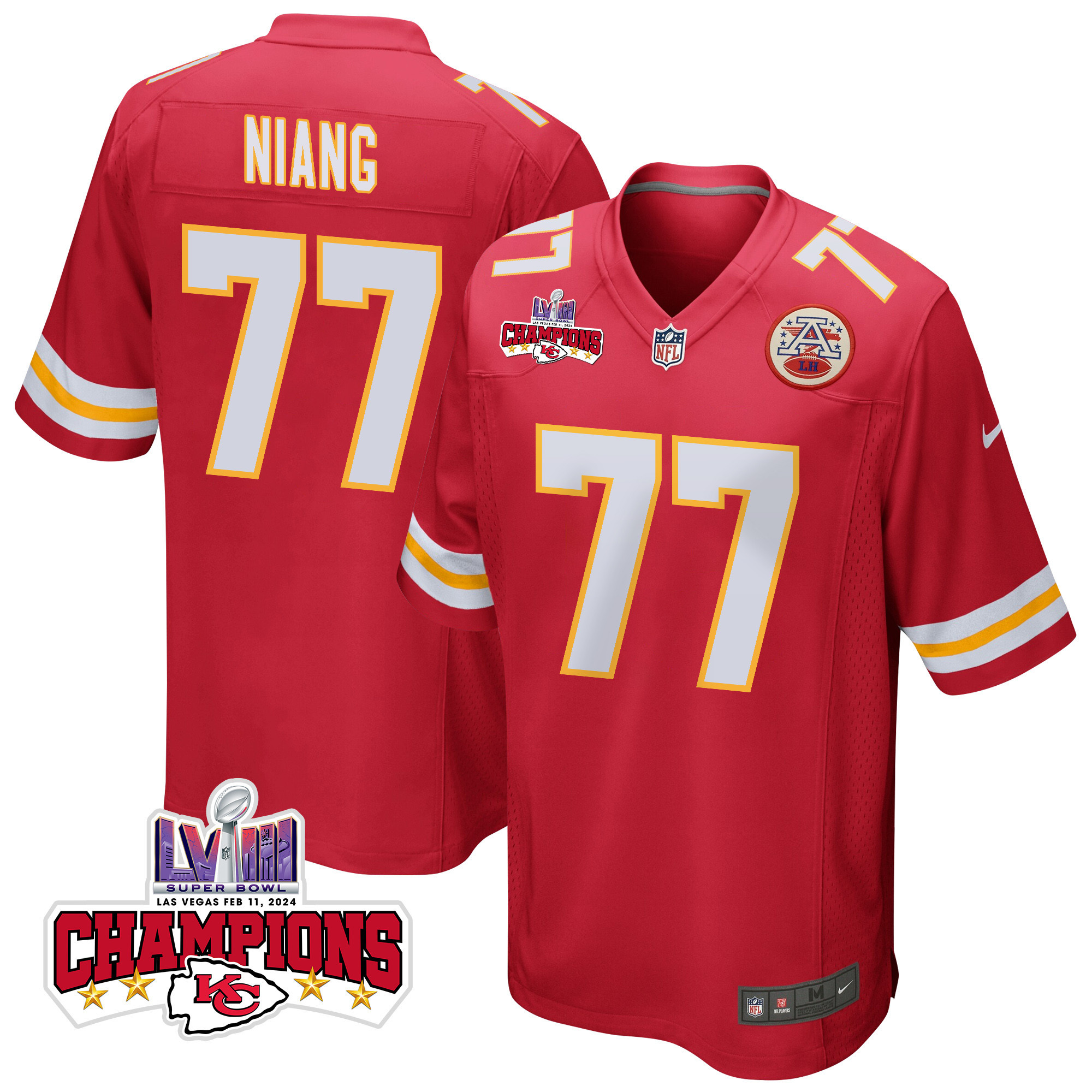 Lucas Niang 77 Kansas City Chiefs Super Bowl LVIII Champions 4 Stars Patch Game Men Jersey - Red JS8483 nicesnker