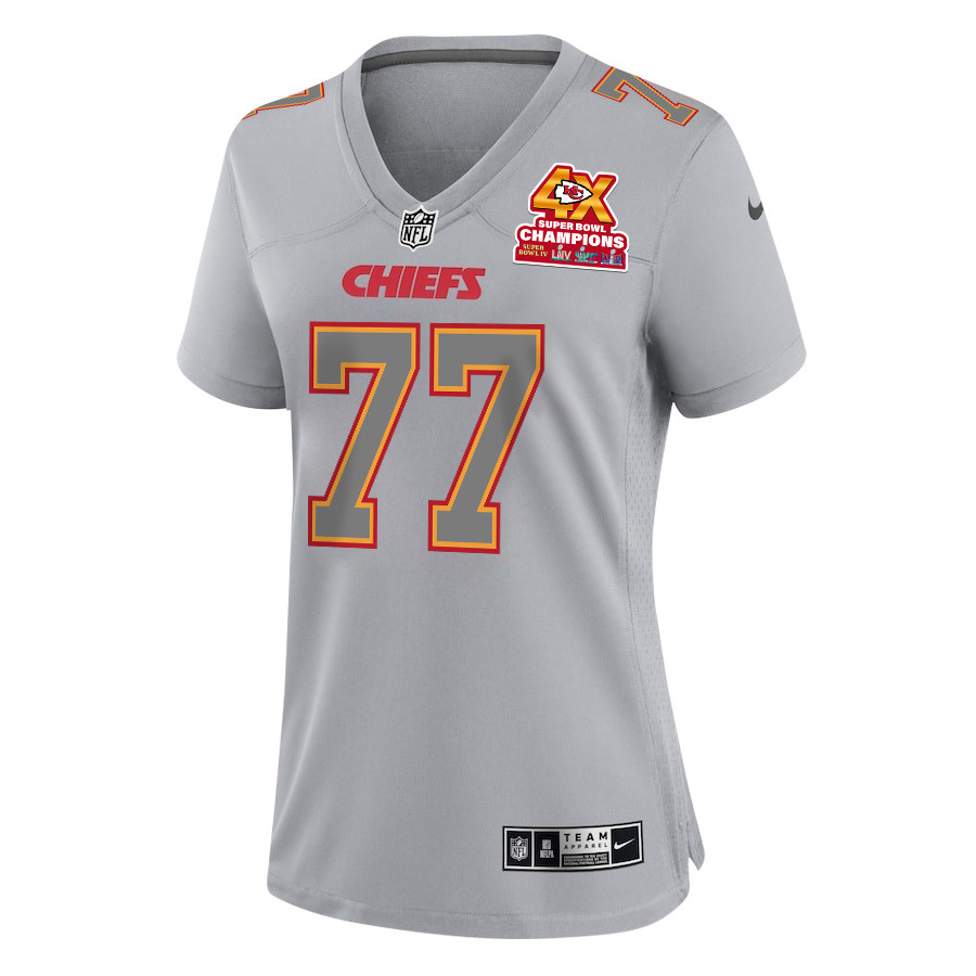 Alternative view of Lucas Niang 77 Kansas City Chiefs Super Bowl LVIII Champions 4X Atmosphere Fashion Game Women Jersey - Gray JS8339 nicesnker