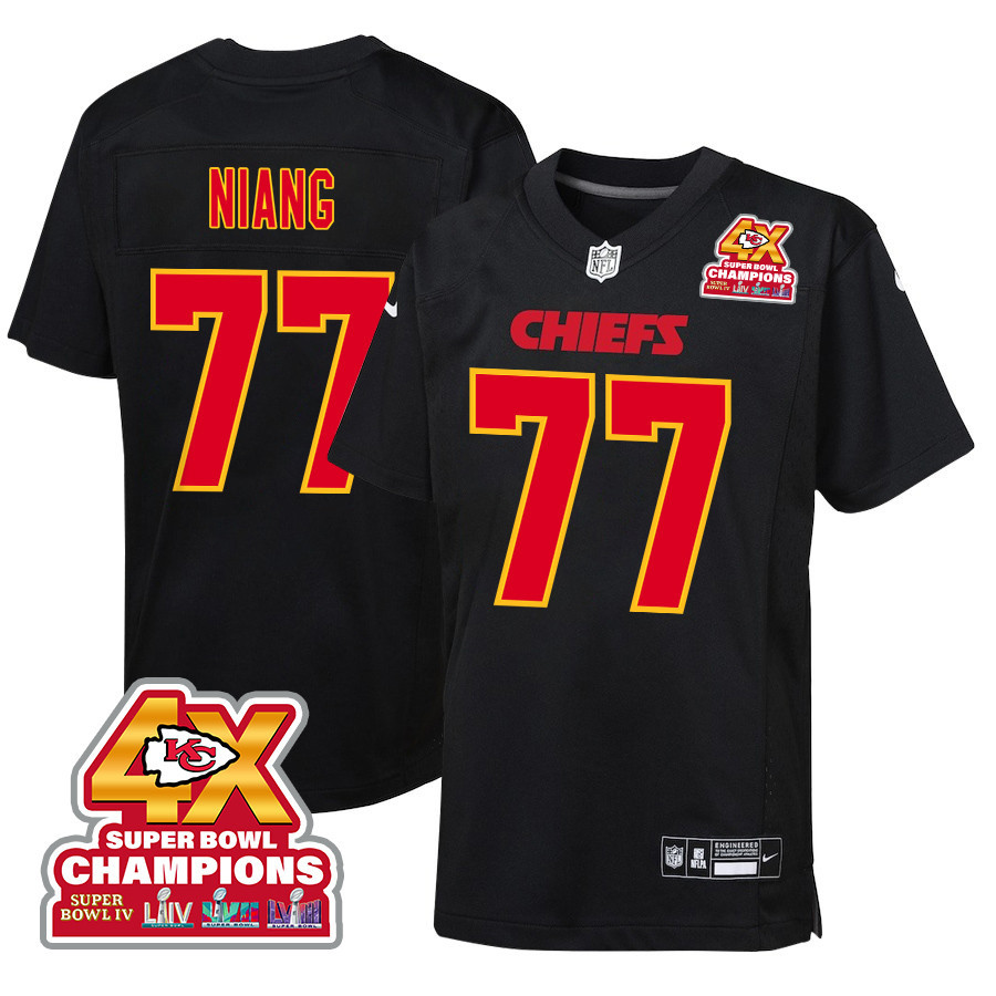 Lucas Niang 77 Kansas City Chiefs Super Bowl LVIII Champions 4X Fashion Game YOUTH Jersey - Carbon Black JS7607 nicesnker